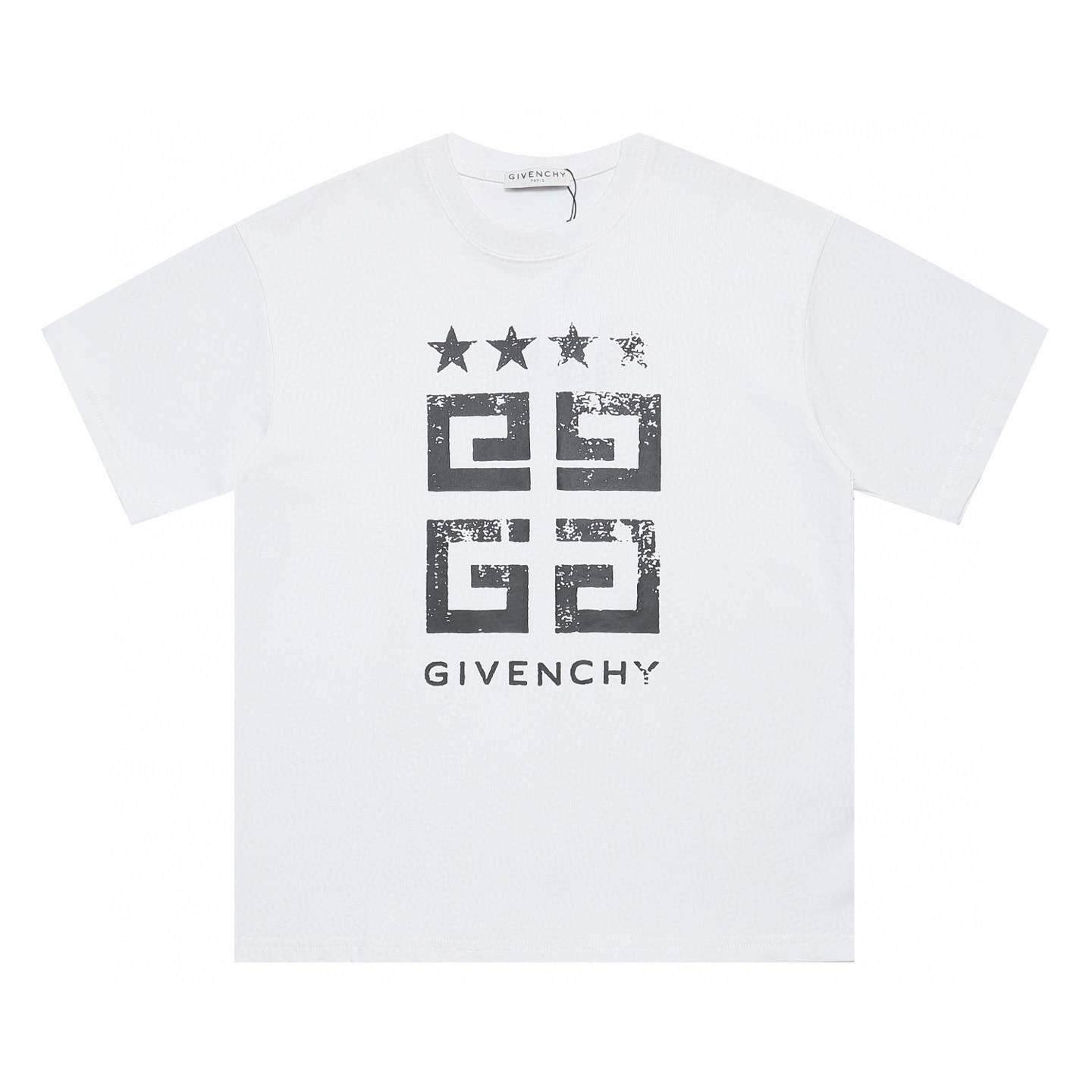 同图不同板，禁发平台版本，随意对比 200💰
GIVENCHY纪梵希2025ss新款五角星印花情侣休闲短袖T恤
👑最高版本！定制面料290克100%双纱棉！进口胶浆印花！
辅料：开模原版过鉴定领标➕100%真丝洗水标。正品代购级原版吊牌➕配套吊绳➕3D吊粒➕原版包装袋
工艺：原版一致走线！袖窿对版手法 最高版本！无数次的打版 百分百还原正品品相！
正确版本 男女同款 超级显眼 超级好看 超级大气！
颜色：白色  黑色
尺码：S-XL（图九)