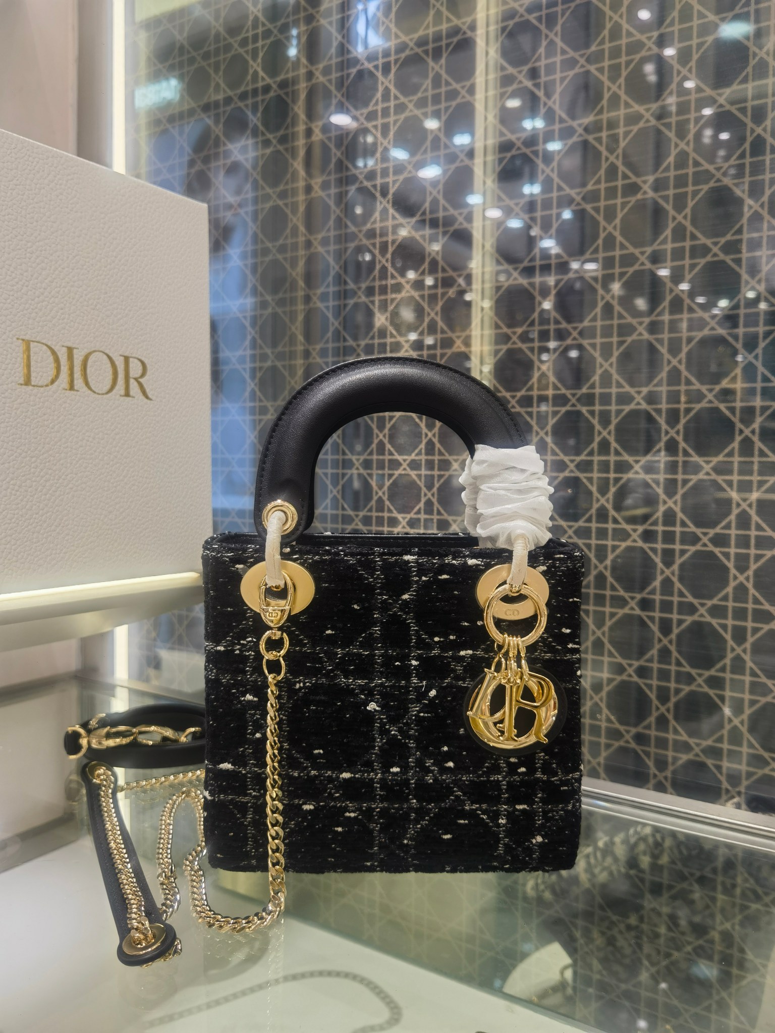 Lady Dior 三格 粗花黑布 牛皮 藤格纹 双肩带 手提包