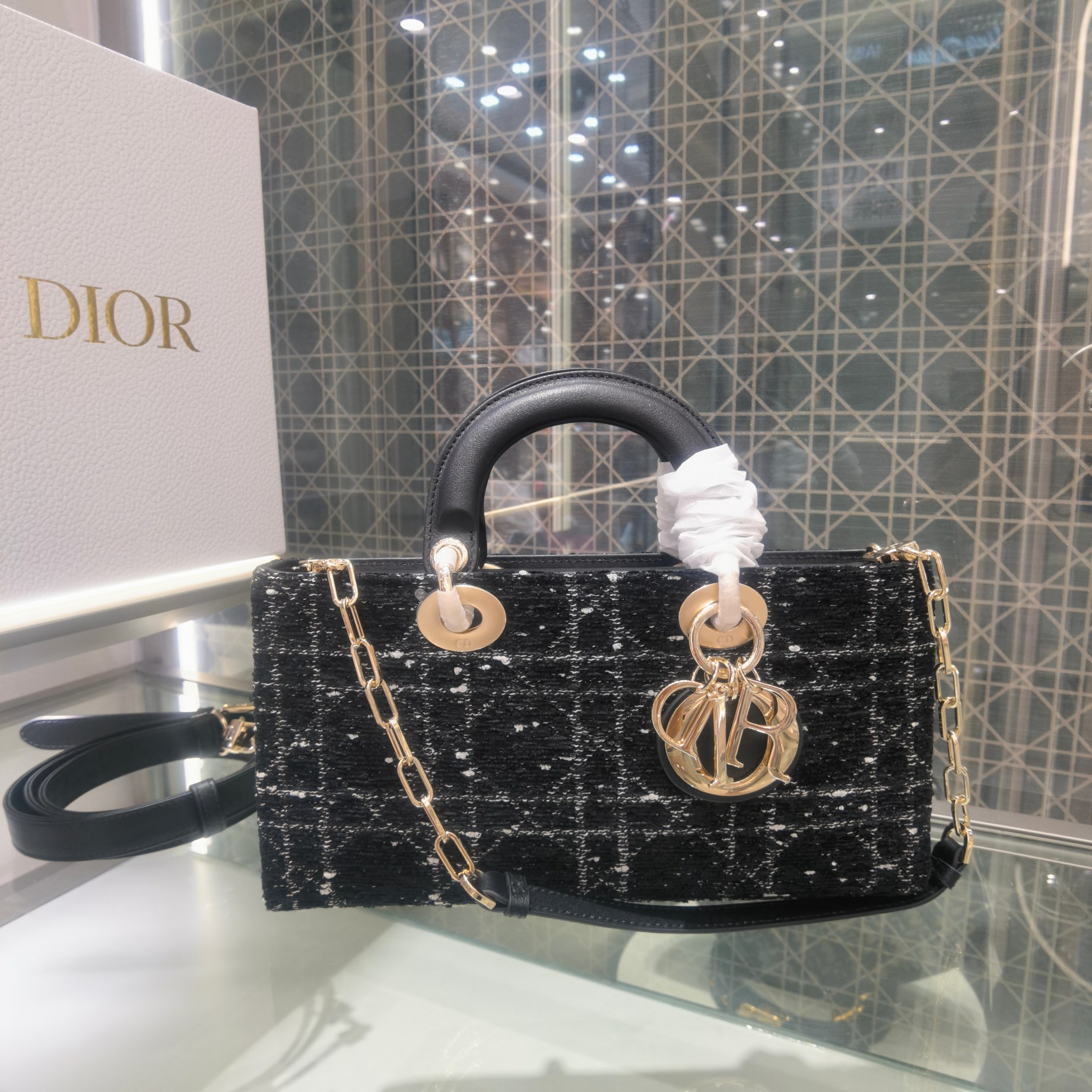 DIOR 横版戴妃包 粗花黑布 牛皮革 菱格 中号