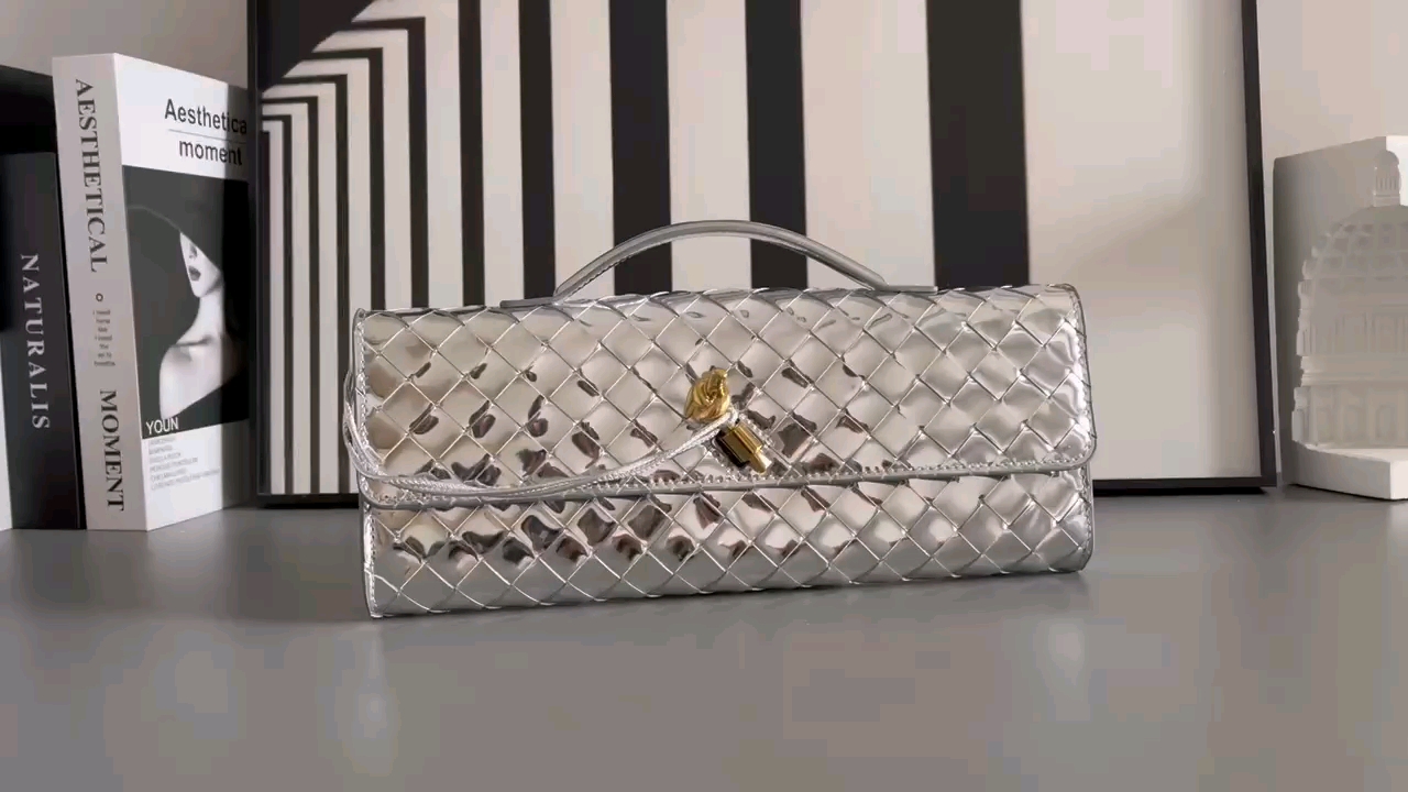 Bottega Veneta Bv mirror silver cowhide clutch bag
