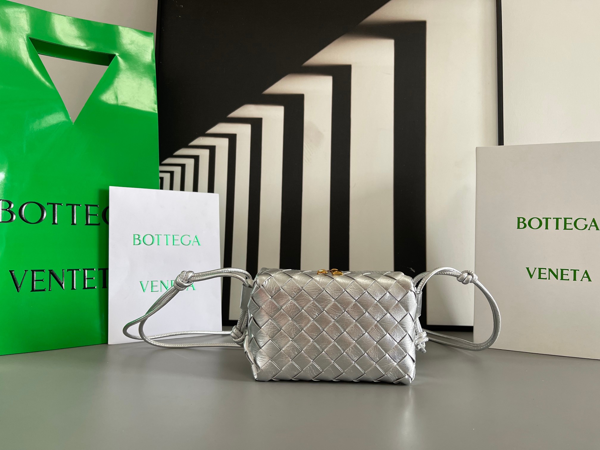 Bottega Veneta Lambskin Woven Mini Round Square Bag Leather Drawstring