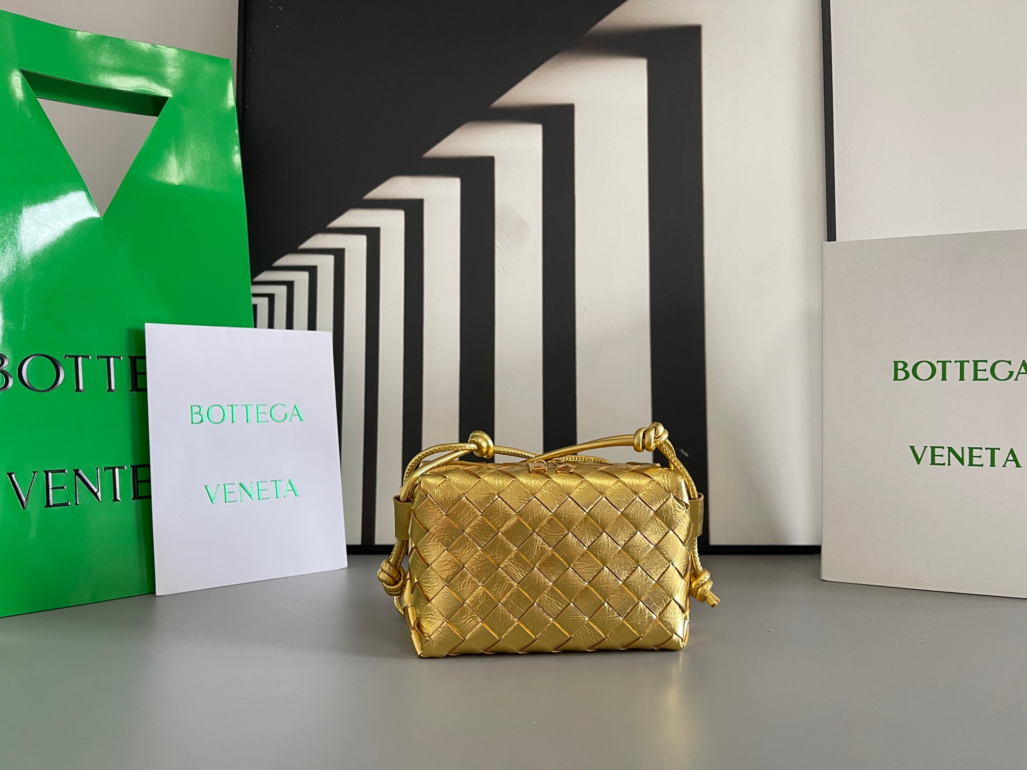 Bottega Veneta Lambskin Woven Mini Round Square Bag Leather Drawstring