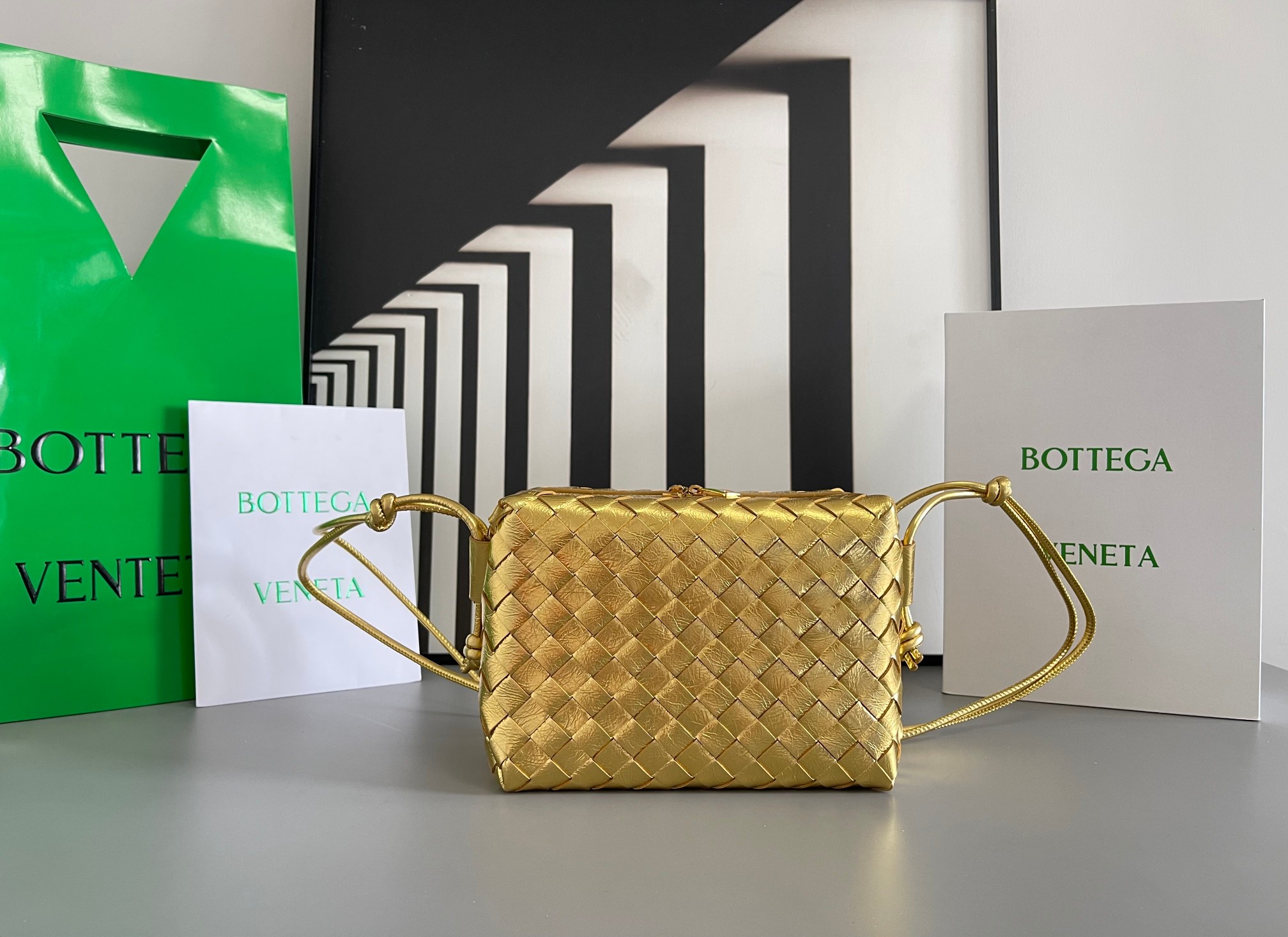 Bottega Veneta Woven Lambskin Square Drawstring Handbag