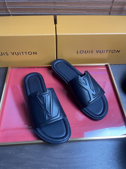 Louis Vuitton Men's Leather Slide Sandals - Black, Size 38-45