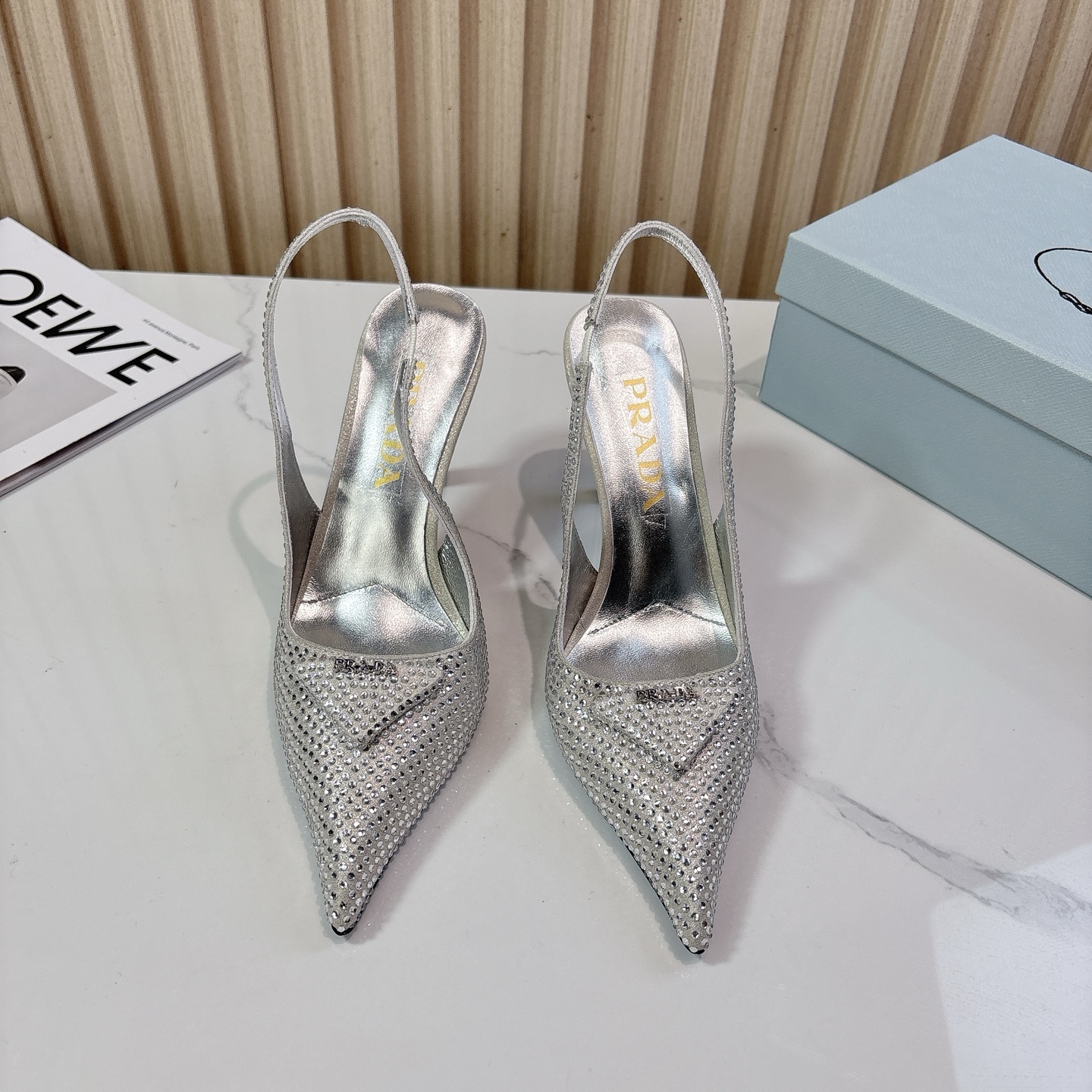 Prada Pointed-Toe Rhinestone High Heels – Elegant & Chic Runway Style