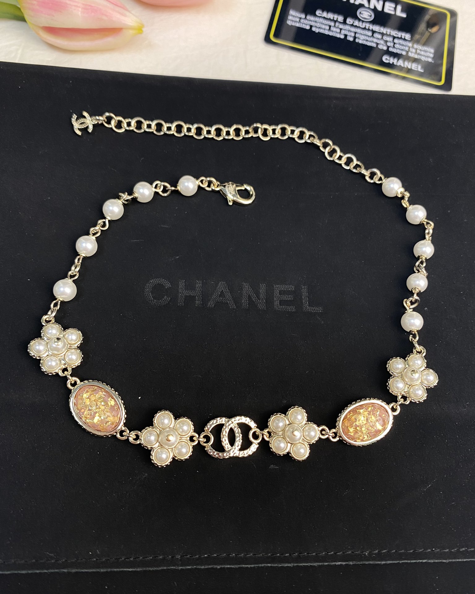 CHANEL Necklace Orange Resin Petal Double C Pearl