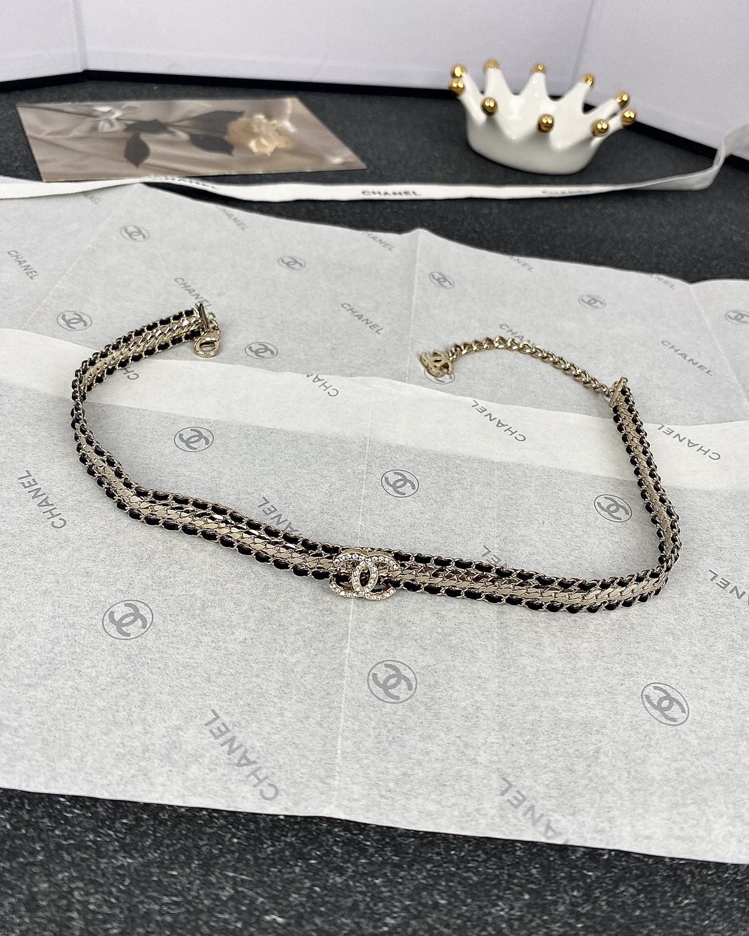 CHANEL Necklace Black Leather-Interwoven Snake Chain Double C Full Diamonds
