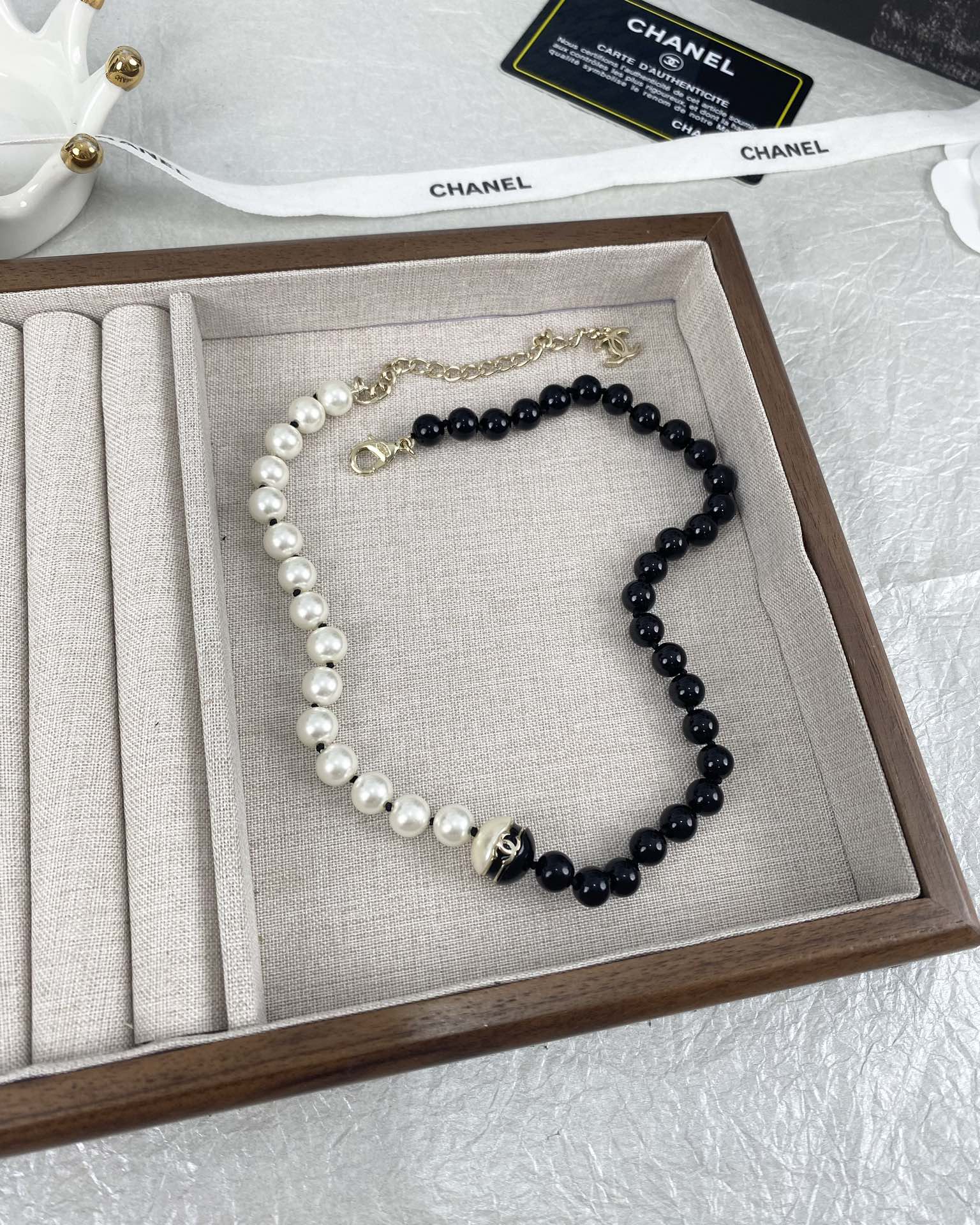 CHANEL Necklace Black White Bead Resin Pearl