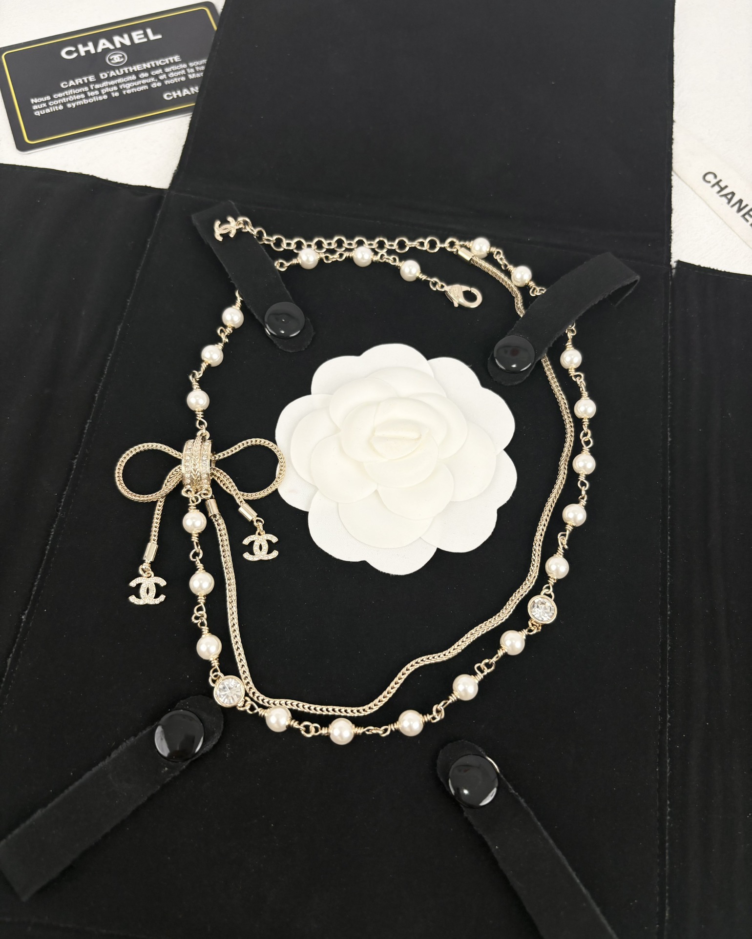 NO:102399,Xiaoxiang new style bow double-layer pearl woven chain double-c necklace, Chanel necklace, chanel, necklace19860909小香新款 蝴蝶结 双层珍珠编织链条双c项链,香奈儿项链,chanel,necklace,Jewelry