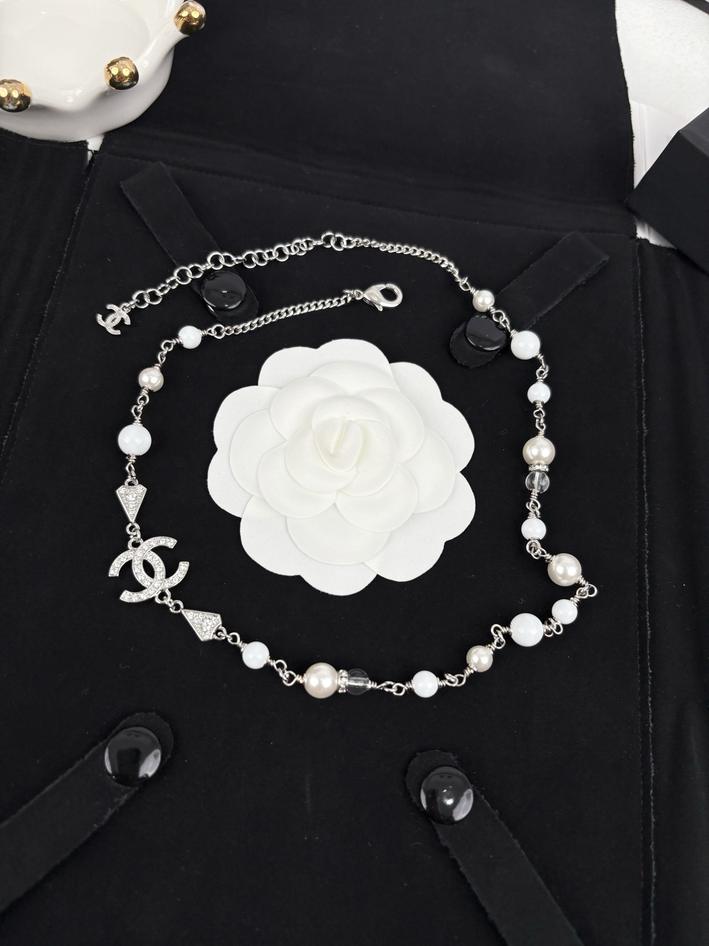 CHANEL Necklace Silver Triangle Pearl