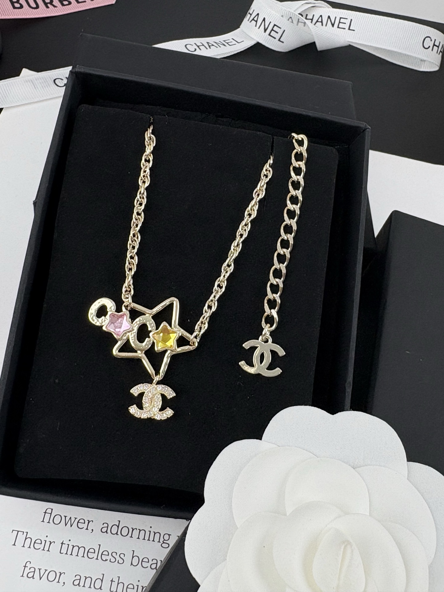 NO:359508,Xiaoxiang new style, five-pointed star pastel diamond, double c pendant, necklace, chanel, necklace19860909小香新款 五角星粉彩钻 双c吊坠 项链,香奈儿项链,chanel,necklace,Jewelry