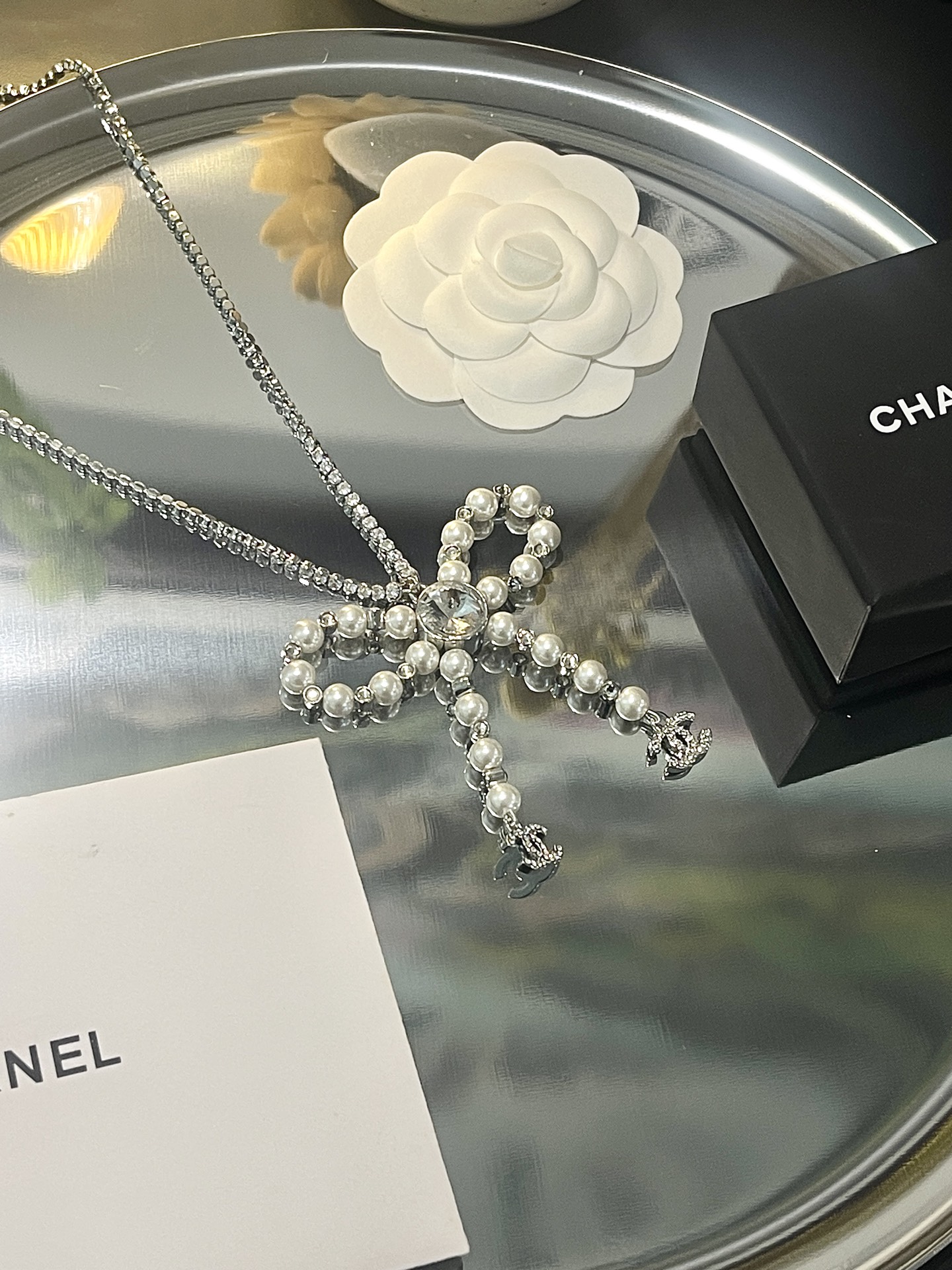 CHANEL Necklace Pearl Bow Diamond-Studded