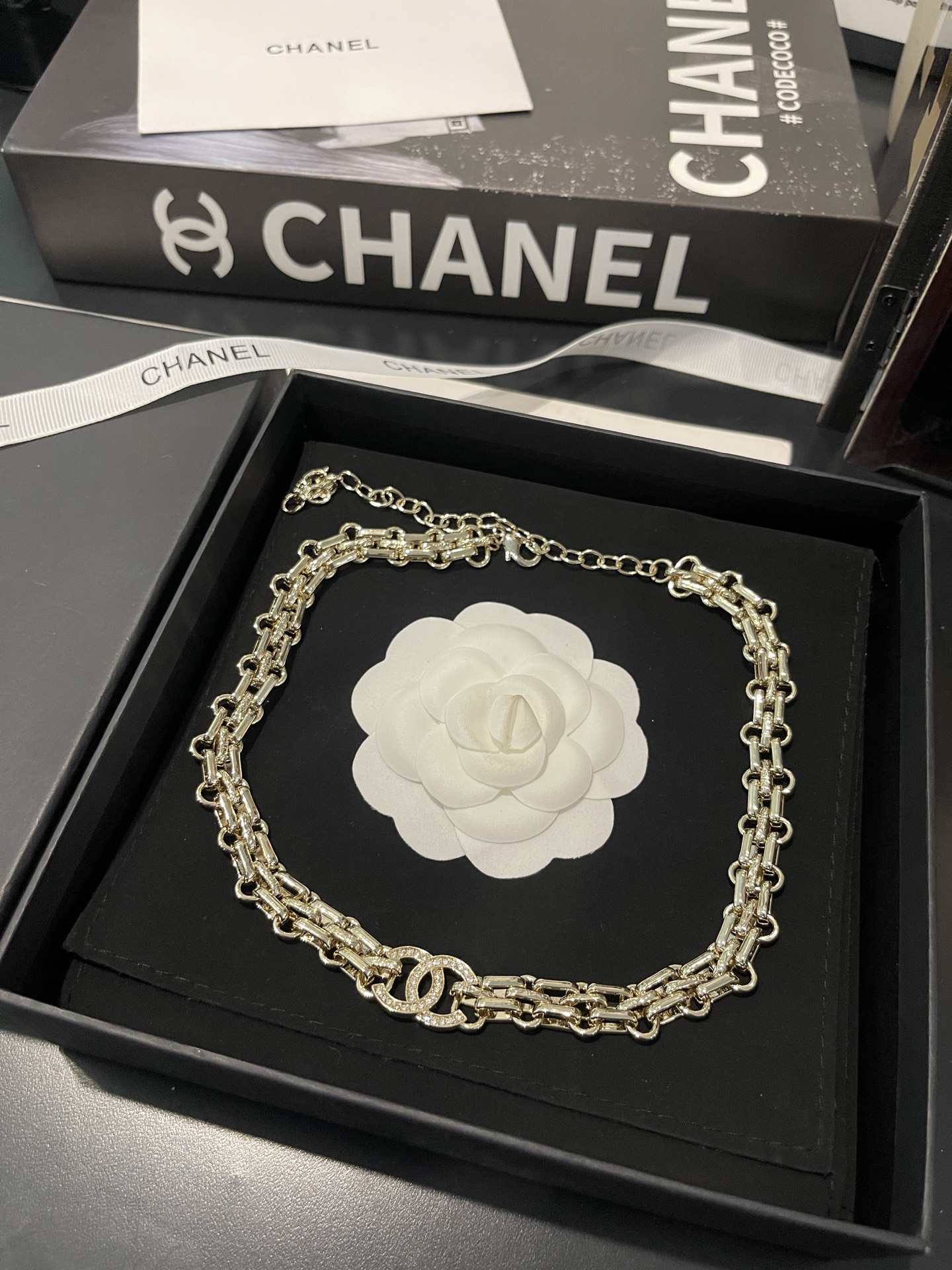 CHANEL Necklace Gold Chunky Chain Double C Full Diamonds