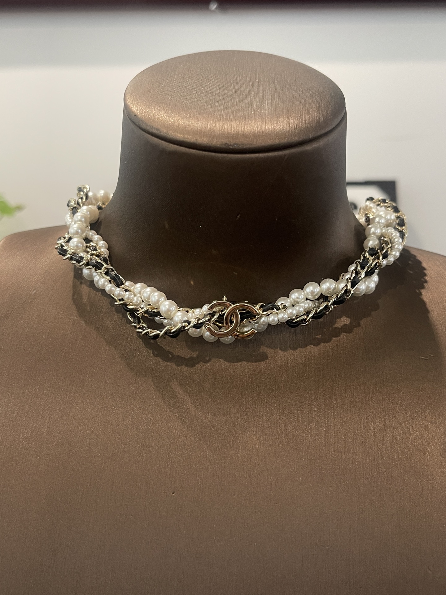 CHANEL Necklace Black and White Pearls Metal Chain Twisted