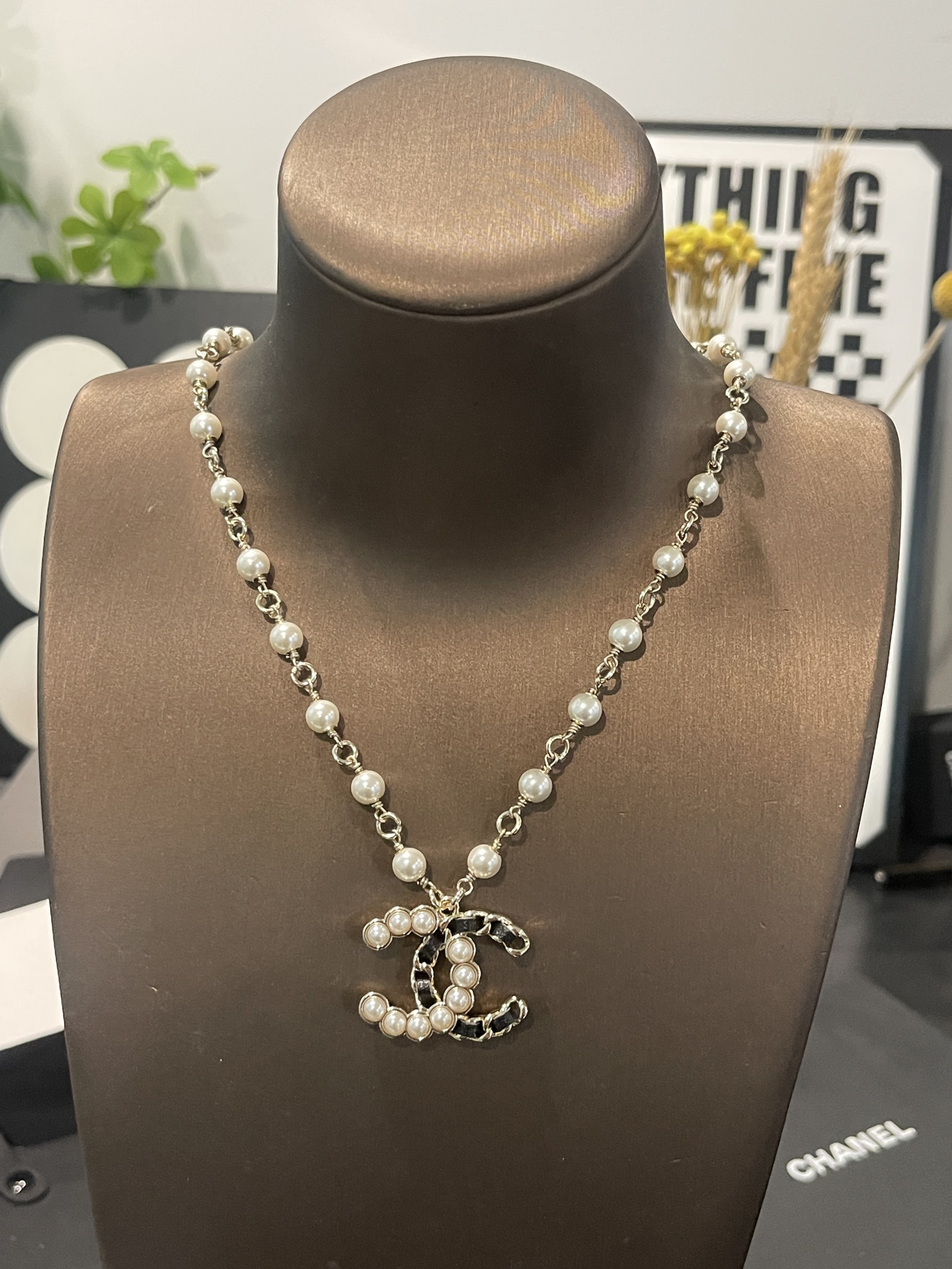 CHANEL Necklace Pearl Leather Pendant