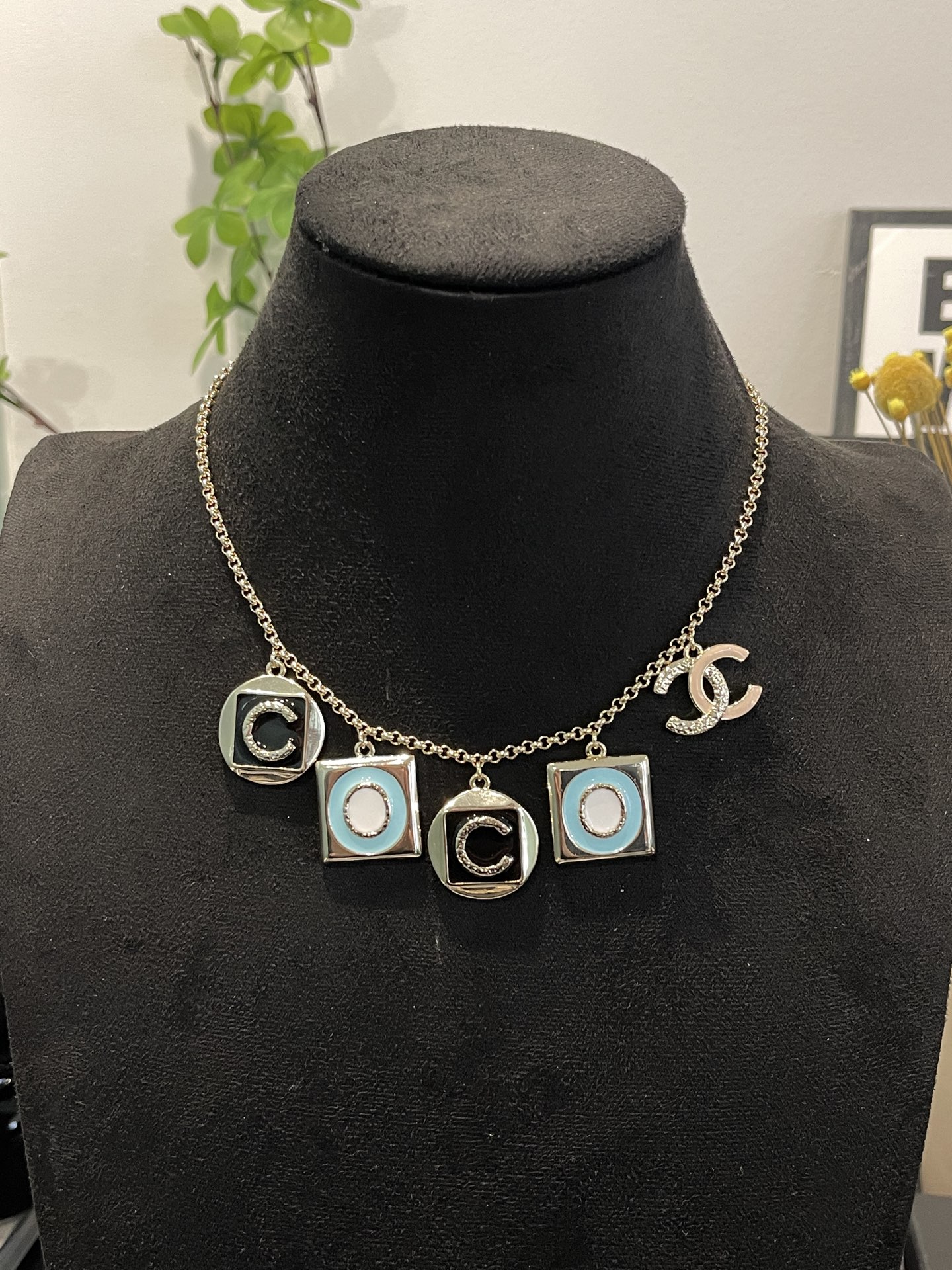 CHANEL letter enamel pendant necklace