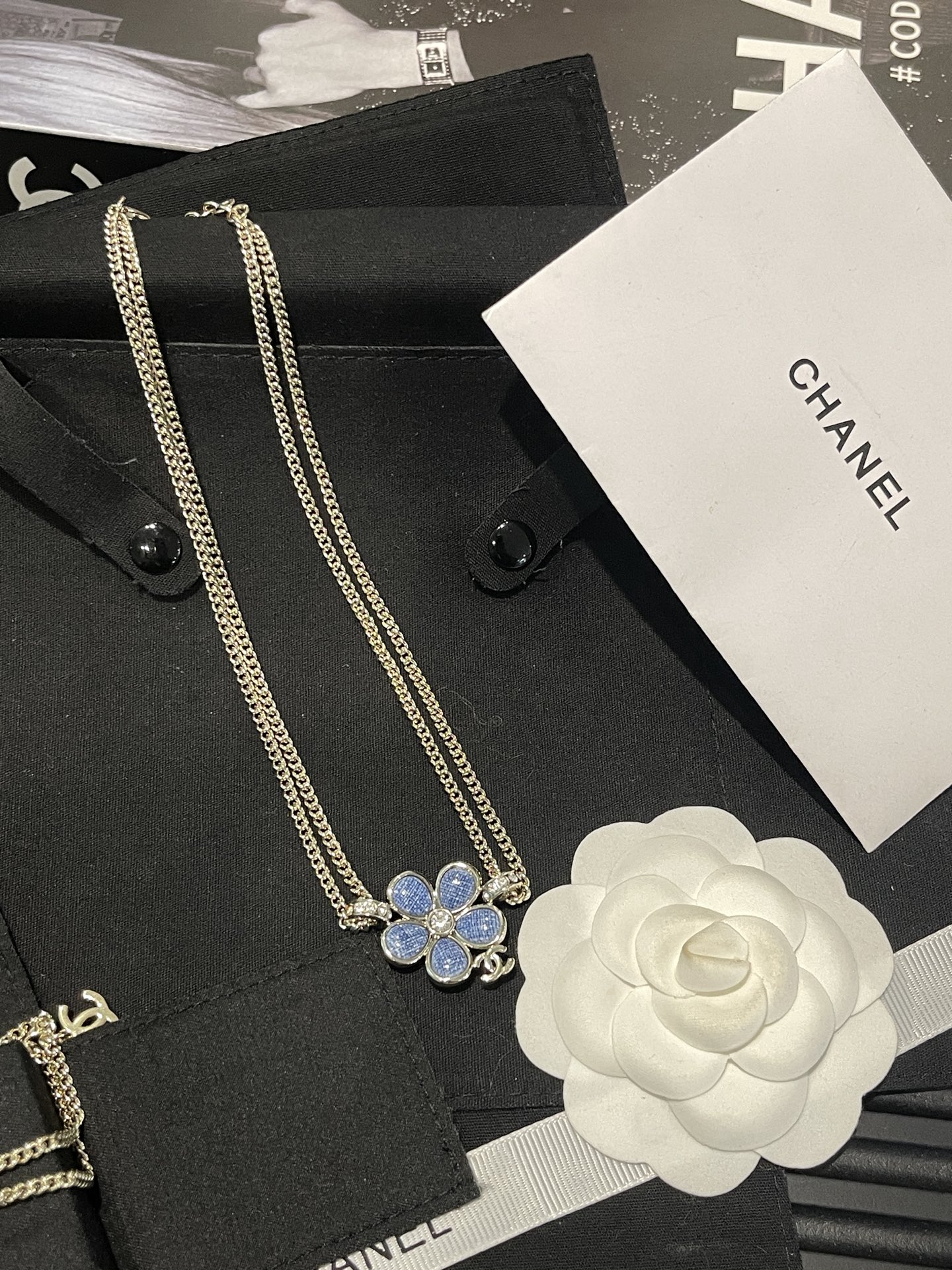 Chanel Chanel 牛仔蓝色珐琅山茶花 双c项链