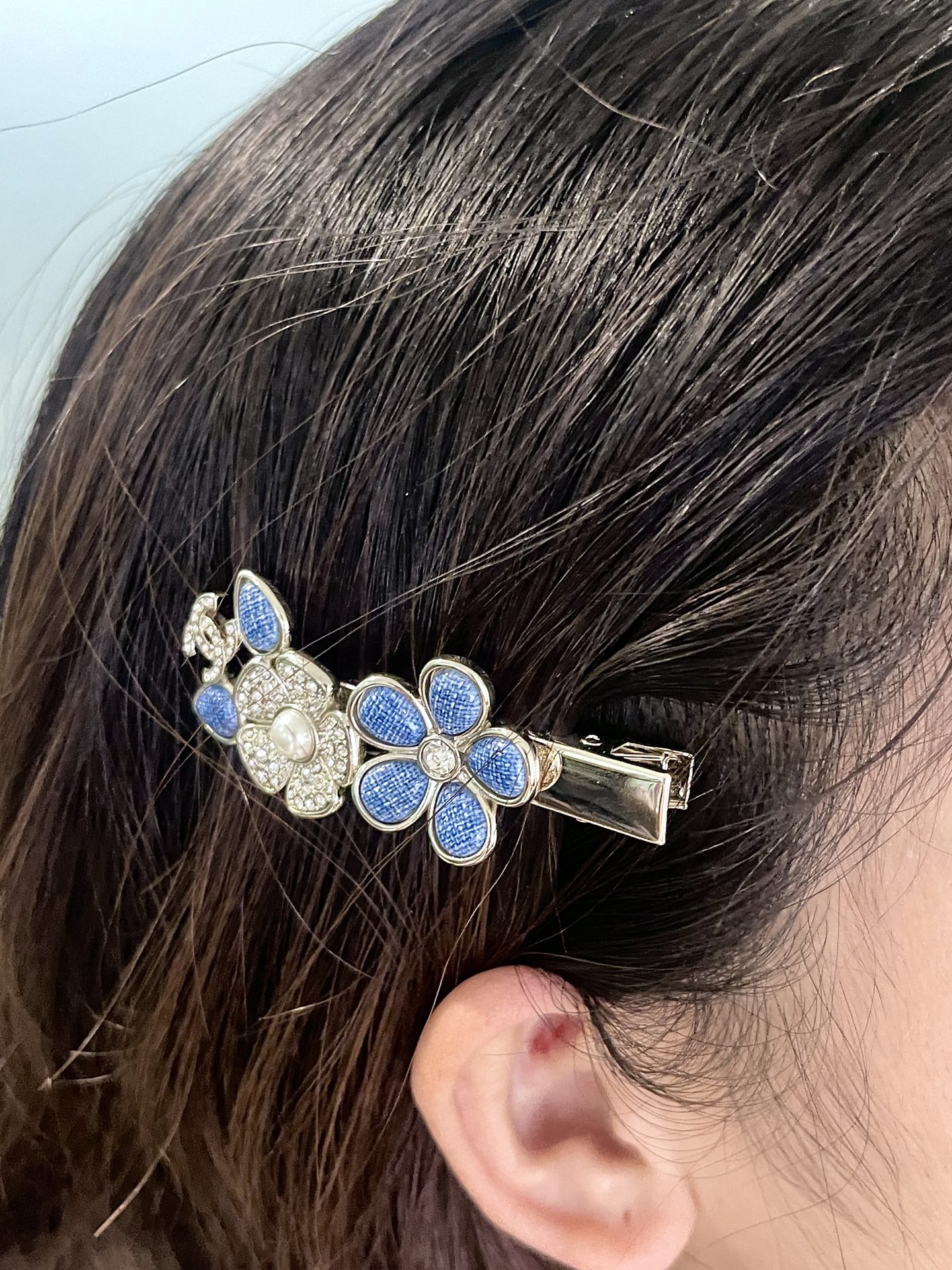 Chanel Chanel 仿牛仔纹 蓝色丹宁花 珍珠发夹