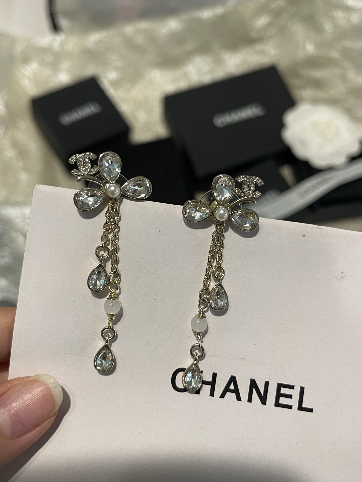 Chanel Chanel 三叶草 水钻流苏 吊坠长款耳环