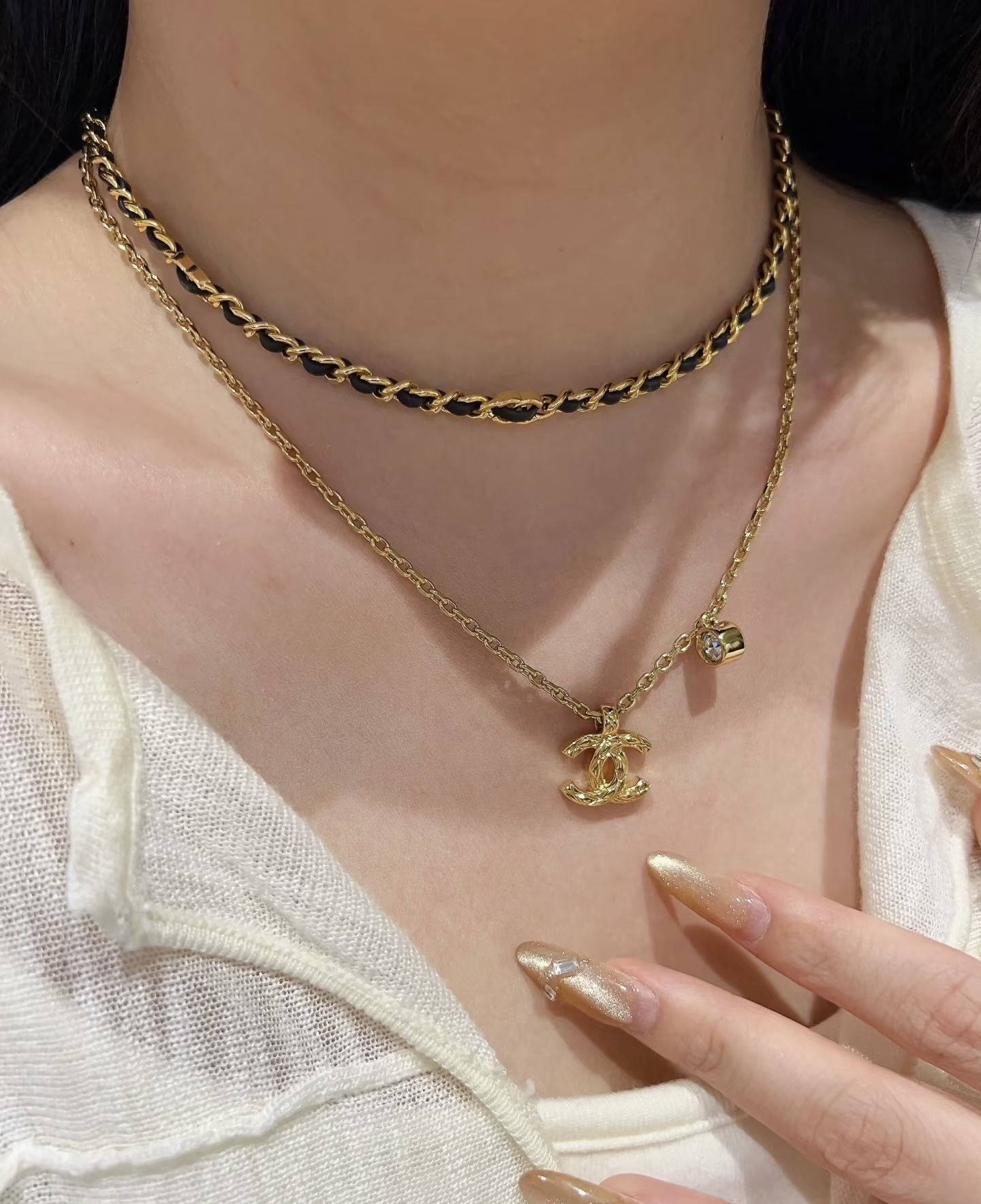 Chanel Chanel 穿皮光面小C 细链叠戴颈链项链