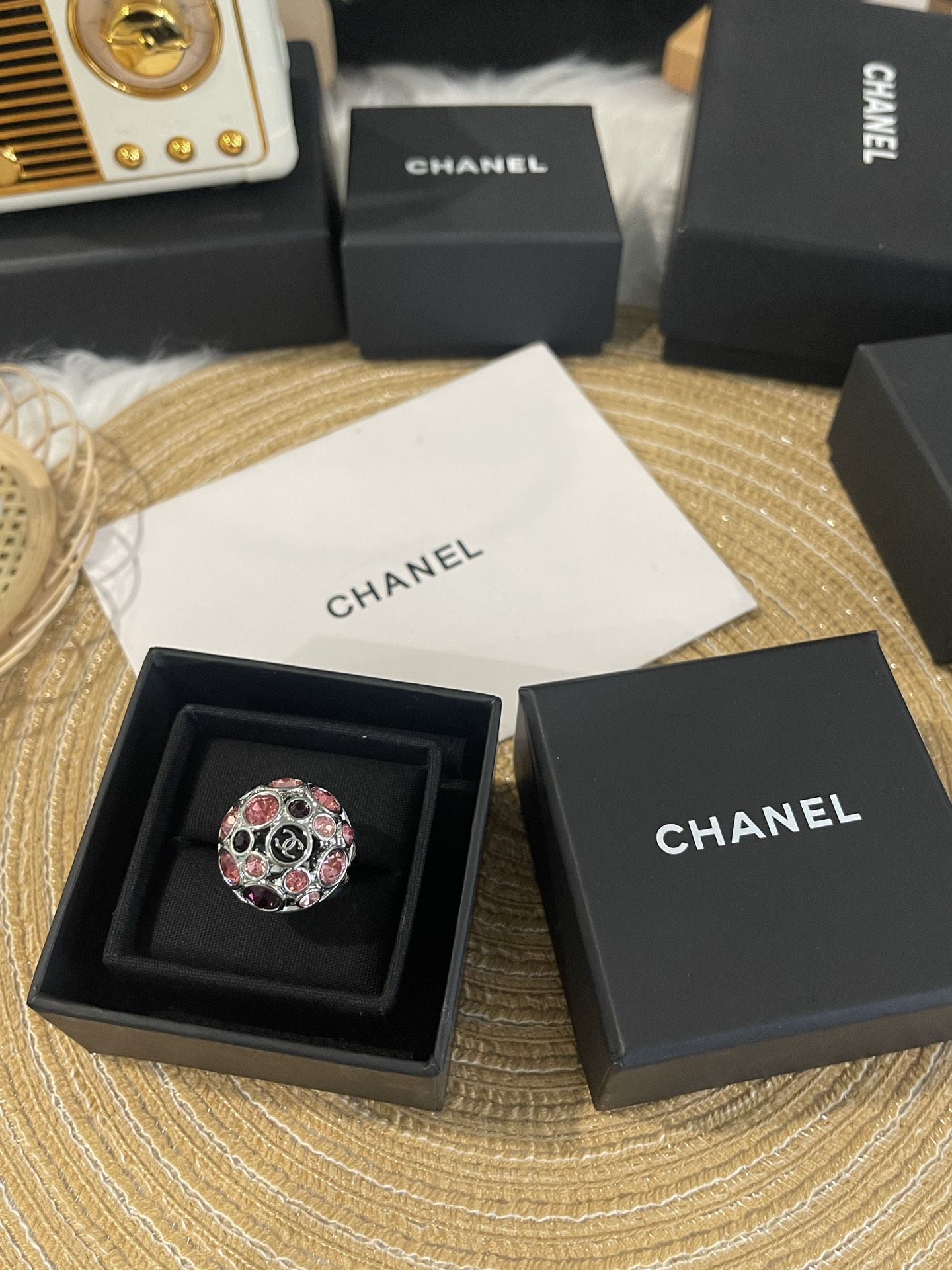 CHANEL 戒指 粉色 圓球 黑色 琺瑯