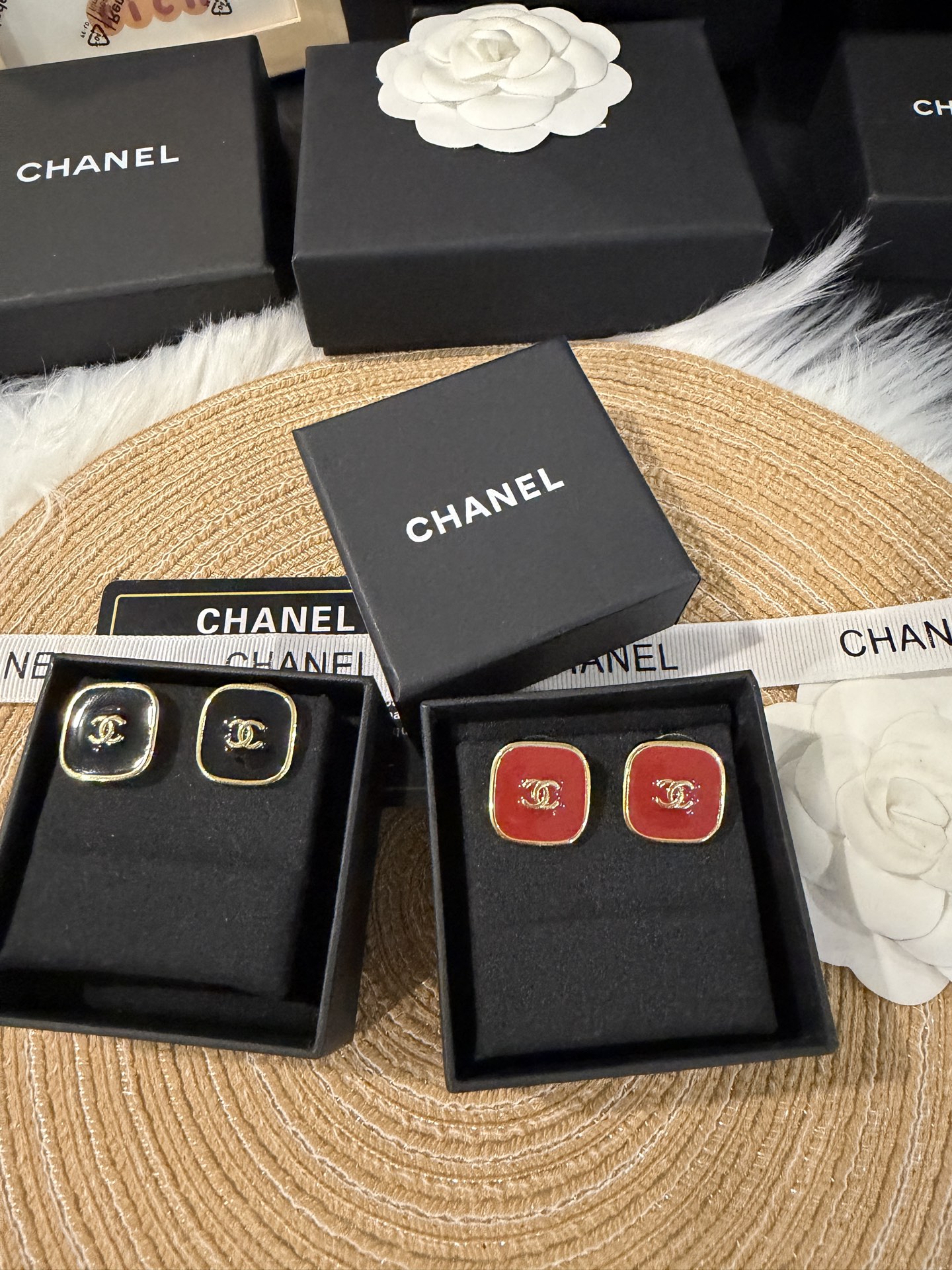 CHANEL 耳環 滴油 金邊 方形 雙C