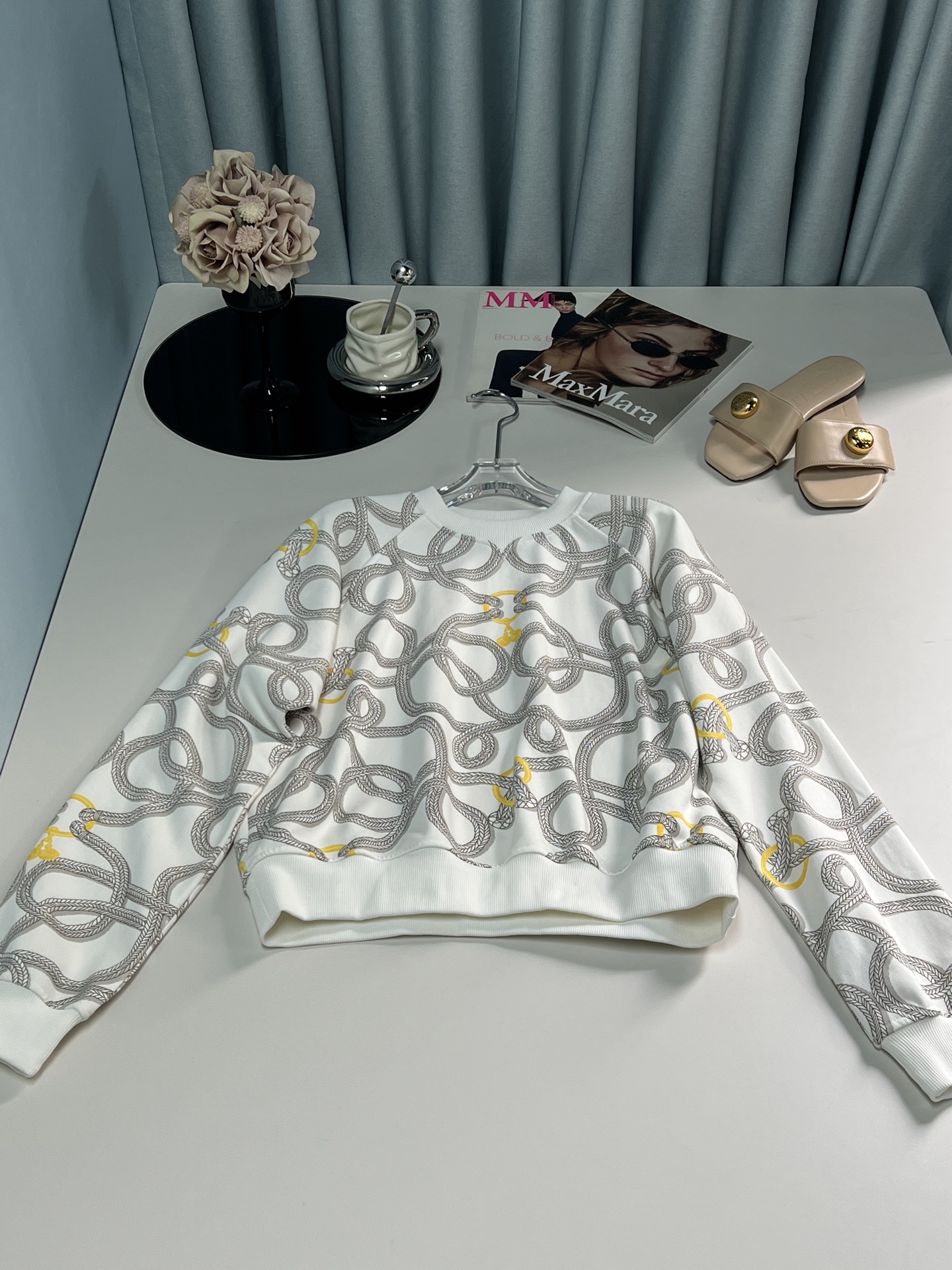 “Designer Women’s Suit with Chain Prints, Threaded Collars, and Cozy Cotton Mix – Custom Development Available”