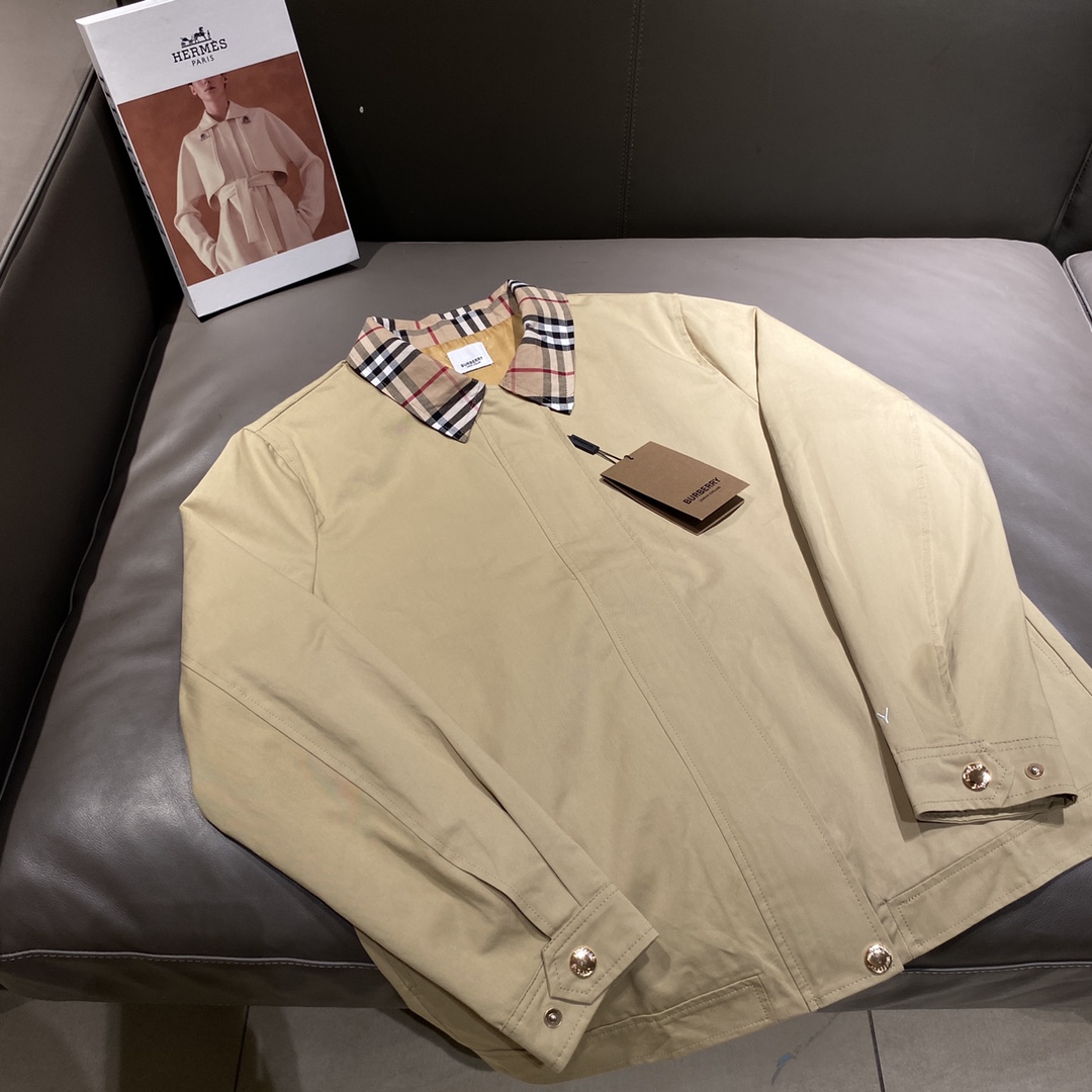 Burberry 2024 Chaqueta de cuello con cuadros de contraste de principios de otoño BBR Chaqueta de cremallera estilo old …
