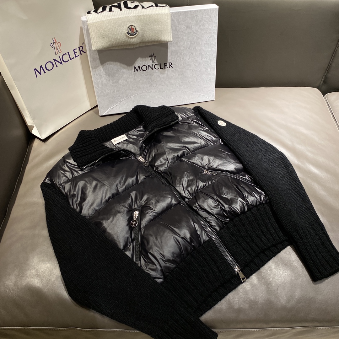 Moncler nueva chaqueta de plumón de cuello alto para mujer de otoño/invierno con mangas de punto de lana combinadas, nú…