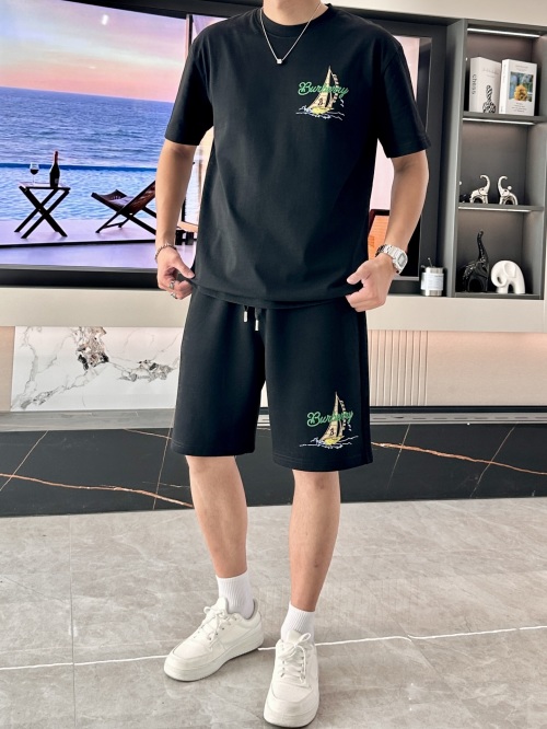 Burberry Men's Black Cotton Jersey T-Shirt and Shorts Set with Boat Graphic 1 Burberry Men's Black Cotton Jersey T-Shirt and Shorts Set with Boat Graphic