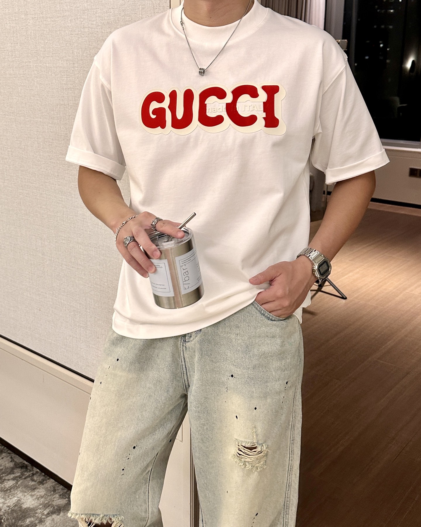 Gucc 2026春夏款/官网同步面料采用重磅纯棉精梳棉面料，OS宽松版型，上身版型超正！日常百搭，衣橱