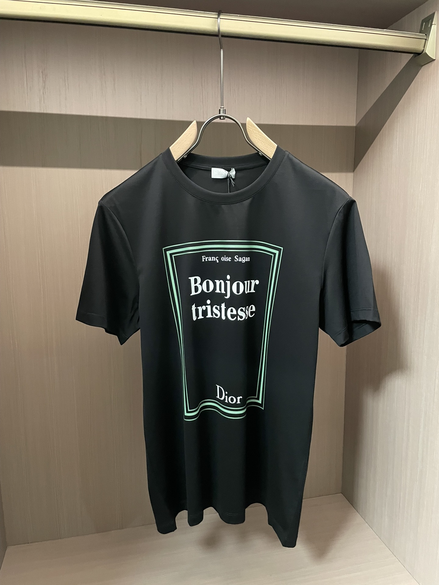 Dior 2026春夏男装系列中的​​文学封面纯色短袖T恤​​，设计灵感源自法国作家弗朗索瓦丝·萨冈（F