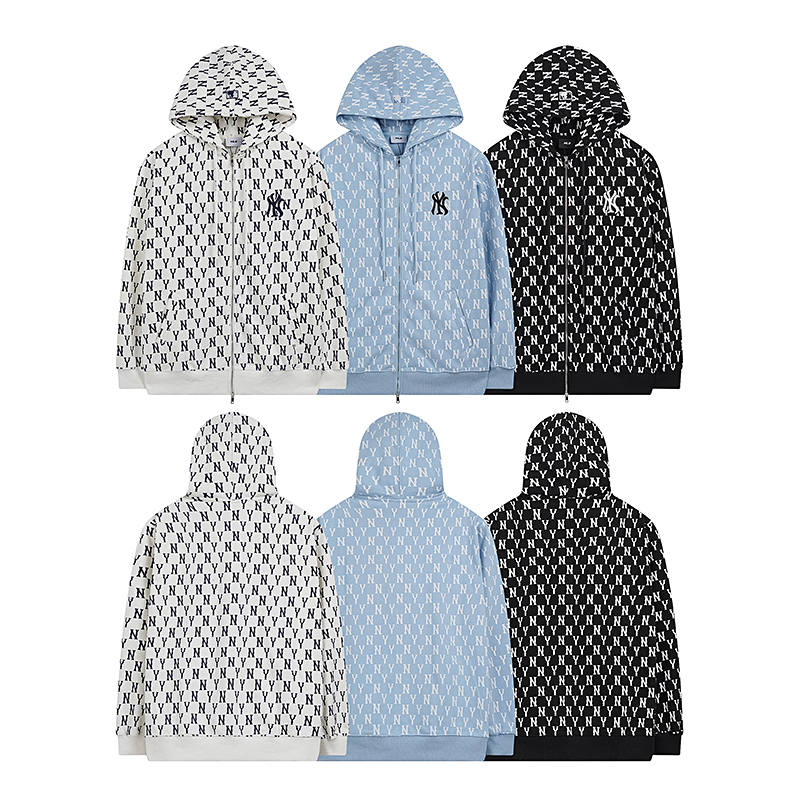 P165💰
MLB 男女复古老花拉链连帽休闲外套卫衣
面料：380克纯棉毛圈棉
颜色：黑色 奶油色 浅蓝 
尺码：S M L XL XXL