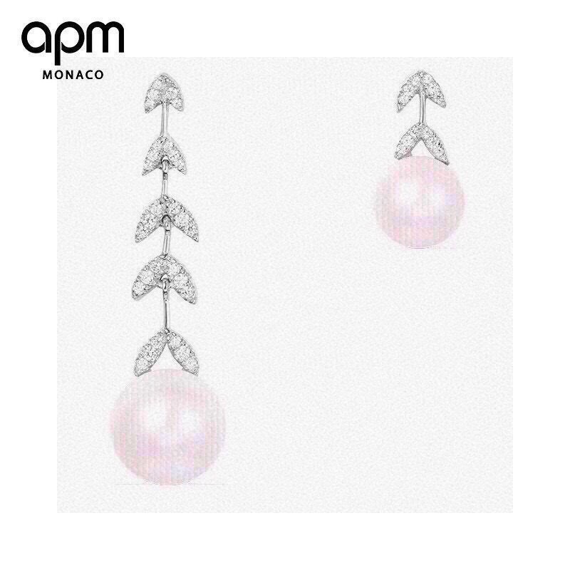 aPm monaco 不对称银镶晶钻花瓣 耳环配淡水珍珠，珍珠花瓣点缀，简洁兼气质并具，镶嵌锆石+淡水珍
