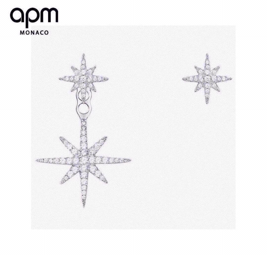 aPm monaco纯银镶晶钻不对称流星耳环，以星星为主要设计元素， s925银微镶晶石。