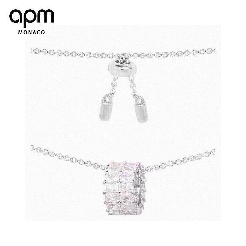 aPm monaco银镶晶钻环形项链女锁骨链毛衣链情侣吊坠，925微手工纯银镶晶钻925银，可调节长度～