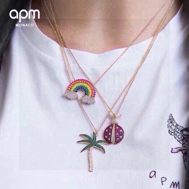 aPm monaco金黄色彩虹项链女锁骨链s925纯银手工微镶晶钻。可调节链長65cm。