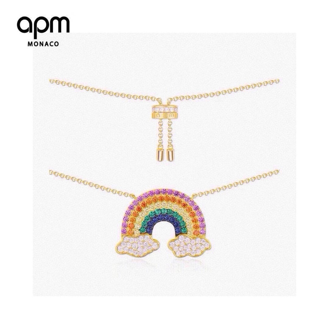 aPm monaco金黄色彩虹项链女锁骨链s925纯银手工微镶晶钻。可调节链長65cm。