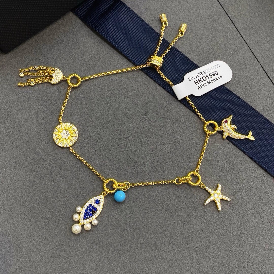 aPm海洋元素可调节手链  纯手工微镶彩色氧化锆石 红色和蓝色纳米石，染色碳酸盐和淡水珍珠产品亮点享受清凉的夏日 以缤纷