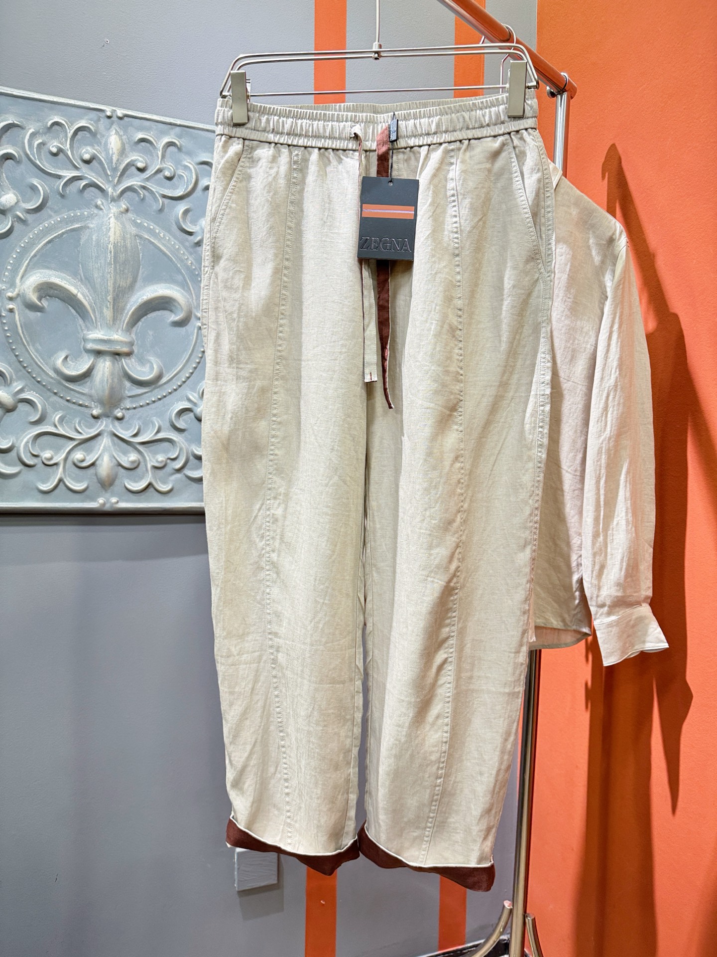 裤子，Ermenegildo Zeg*a杰*亚 2025春夏专柜同款亚麻套装，100%亚麻面料，亚麻衬衫