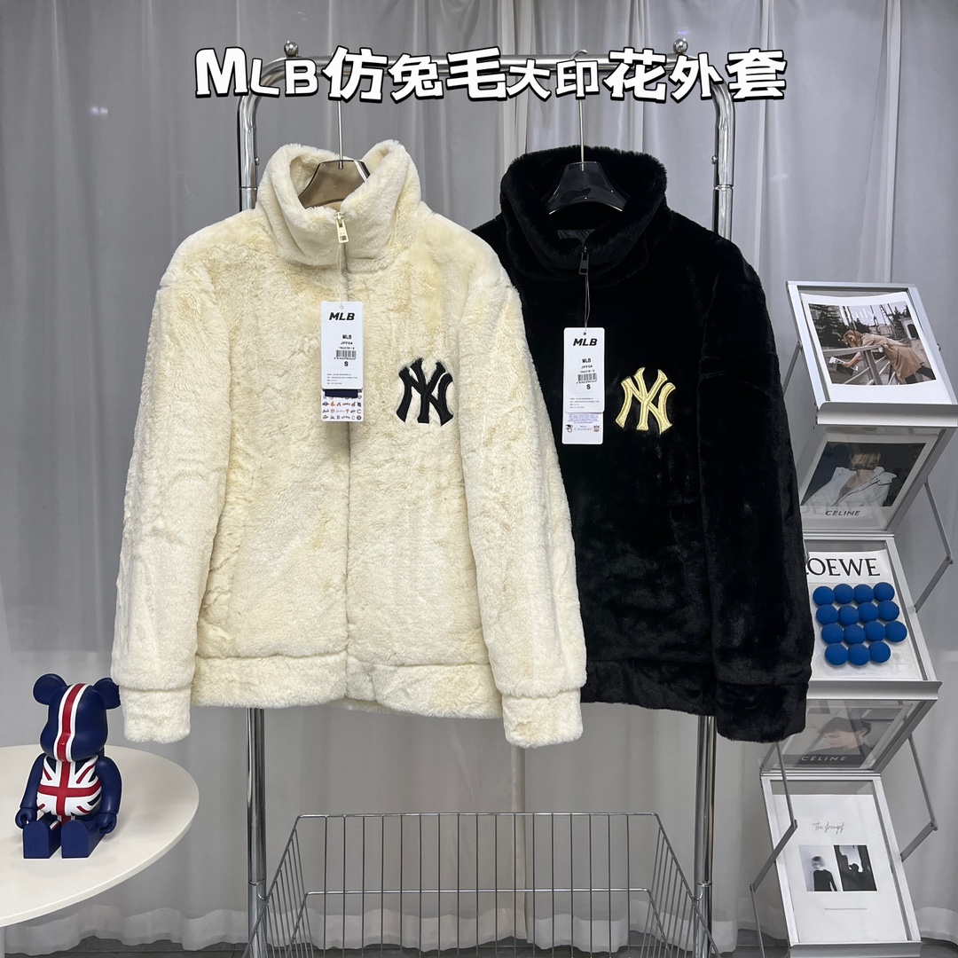 MLB Clothing Coats & Jackets Beige Black White Unisex Lambswool Rabbit Hair Fall/Winter Collection Casual