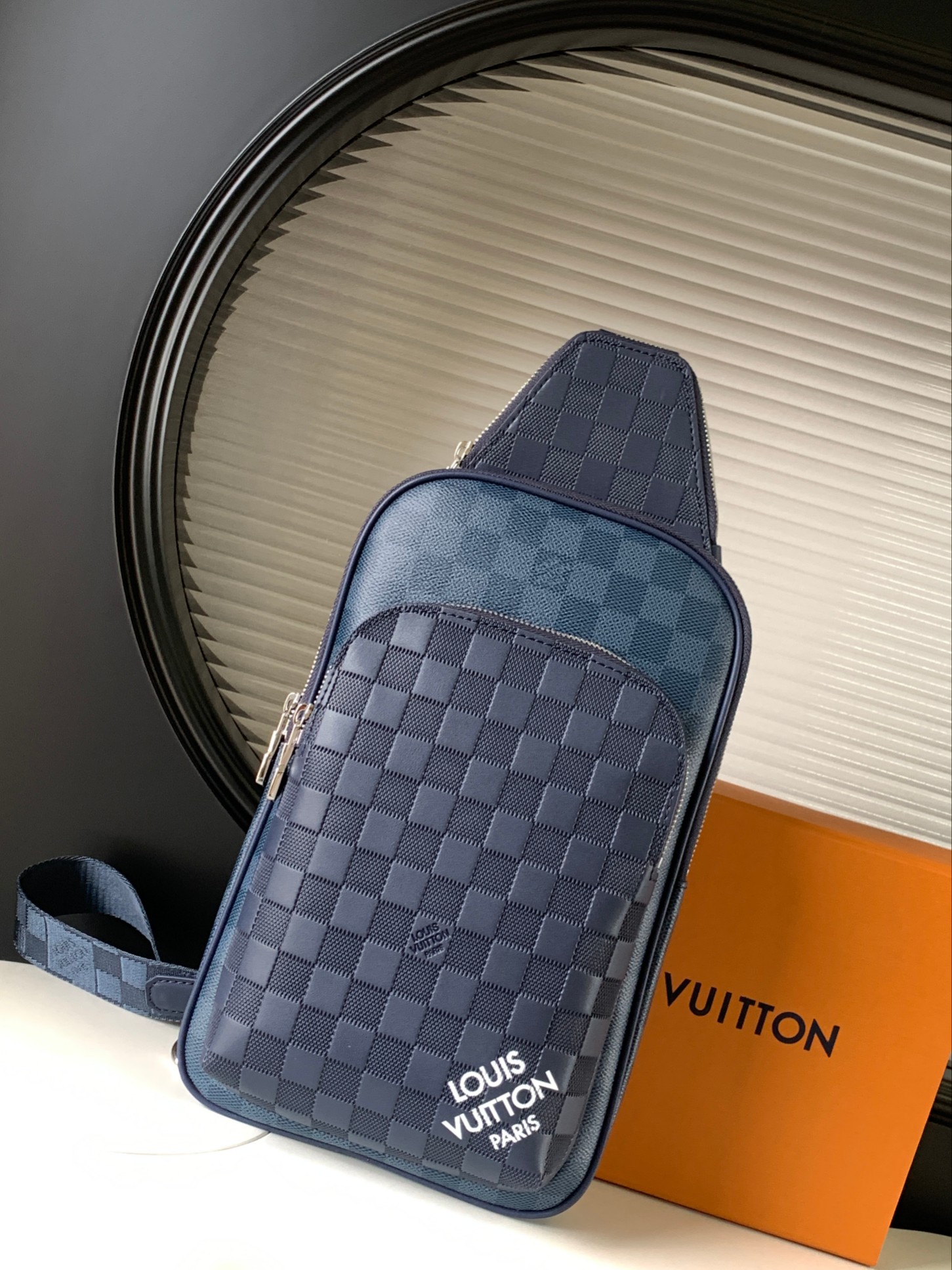 NO:182292,【Dynamic variable code chip top-level original single enhanced version】N40439 blue full leather men's breast bag series Avenue Sling Bag suspender bag Damier Anfini 