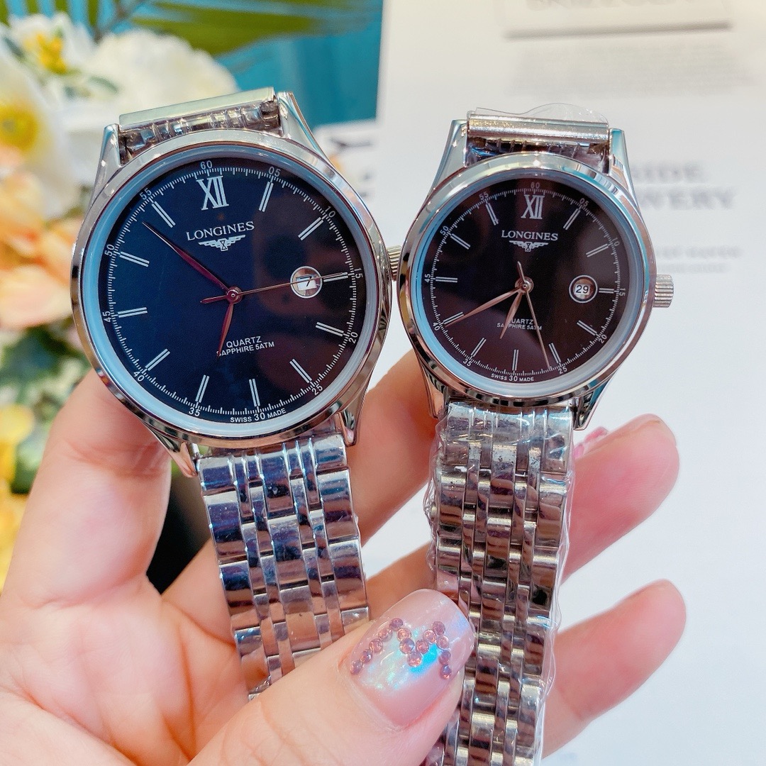 Longines Pair Watch Quartz Roman Numerals silver case, silver bezel, white dial, silver bracelet 40mm Unisex Quartz