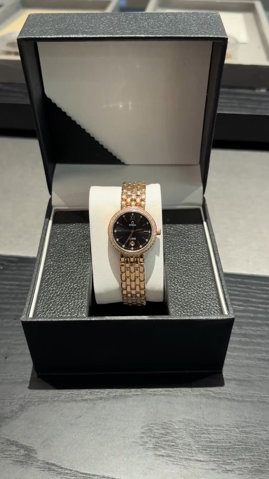 Omega Constellation Ladies Watch, Rose Gold, Black Dial, Diamond Bezel