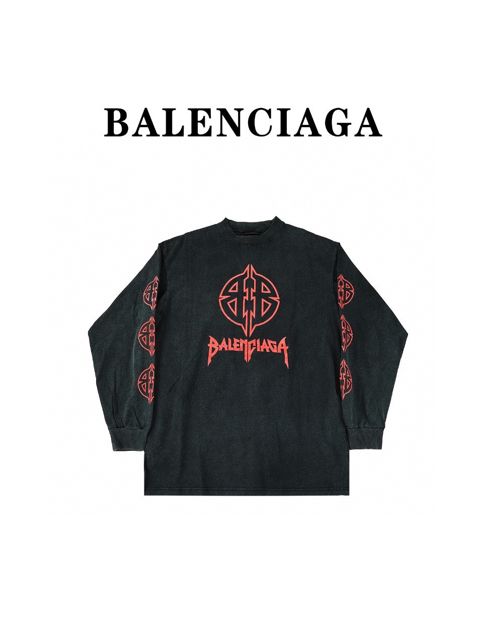 Balenciaga巴黎世家24ss龟裂字母双B洗褪黑长袖T恤