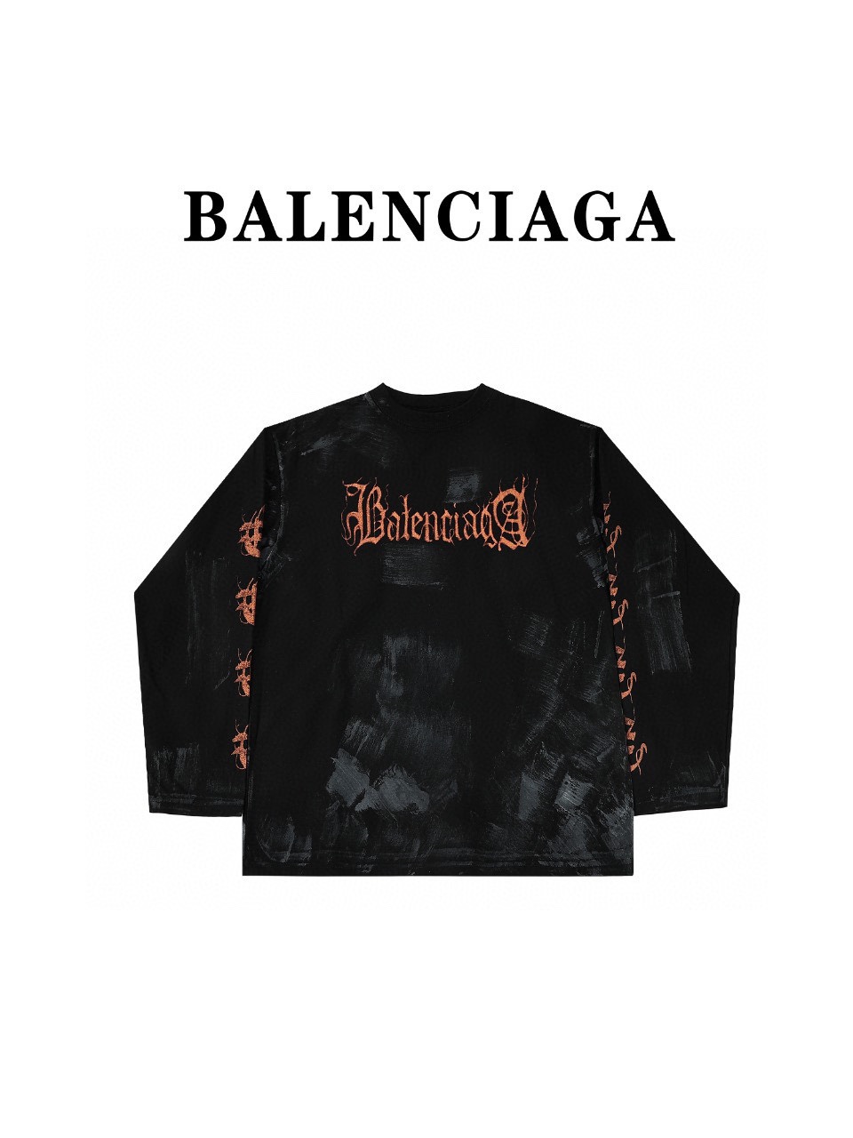 高版本290克) Balenciga/巴黎世家BCLG 23ss 泥染做旧金属梵文长袖T恤