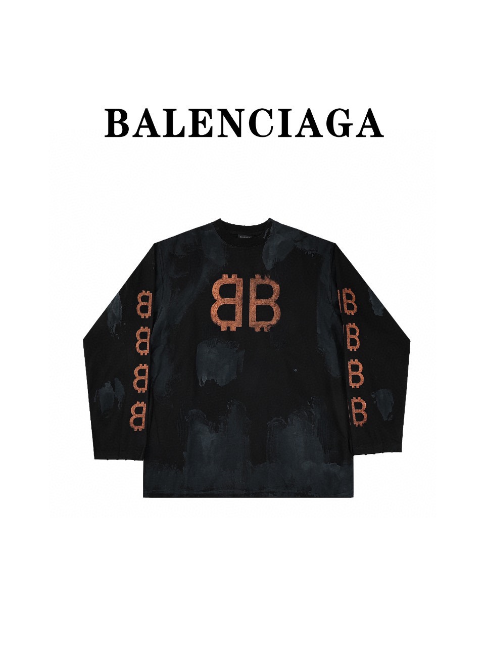 Balenciaga巴黎世家24sss双B重工水洗手绘做旧比特币长袖T恤