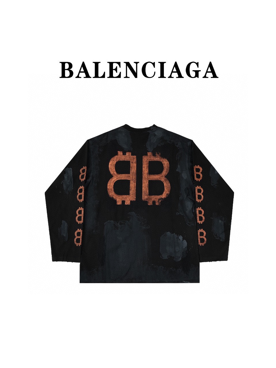 Balenciaga巴黎世家24sss双B重工水洗手绘做旧比特币长袖T恤