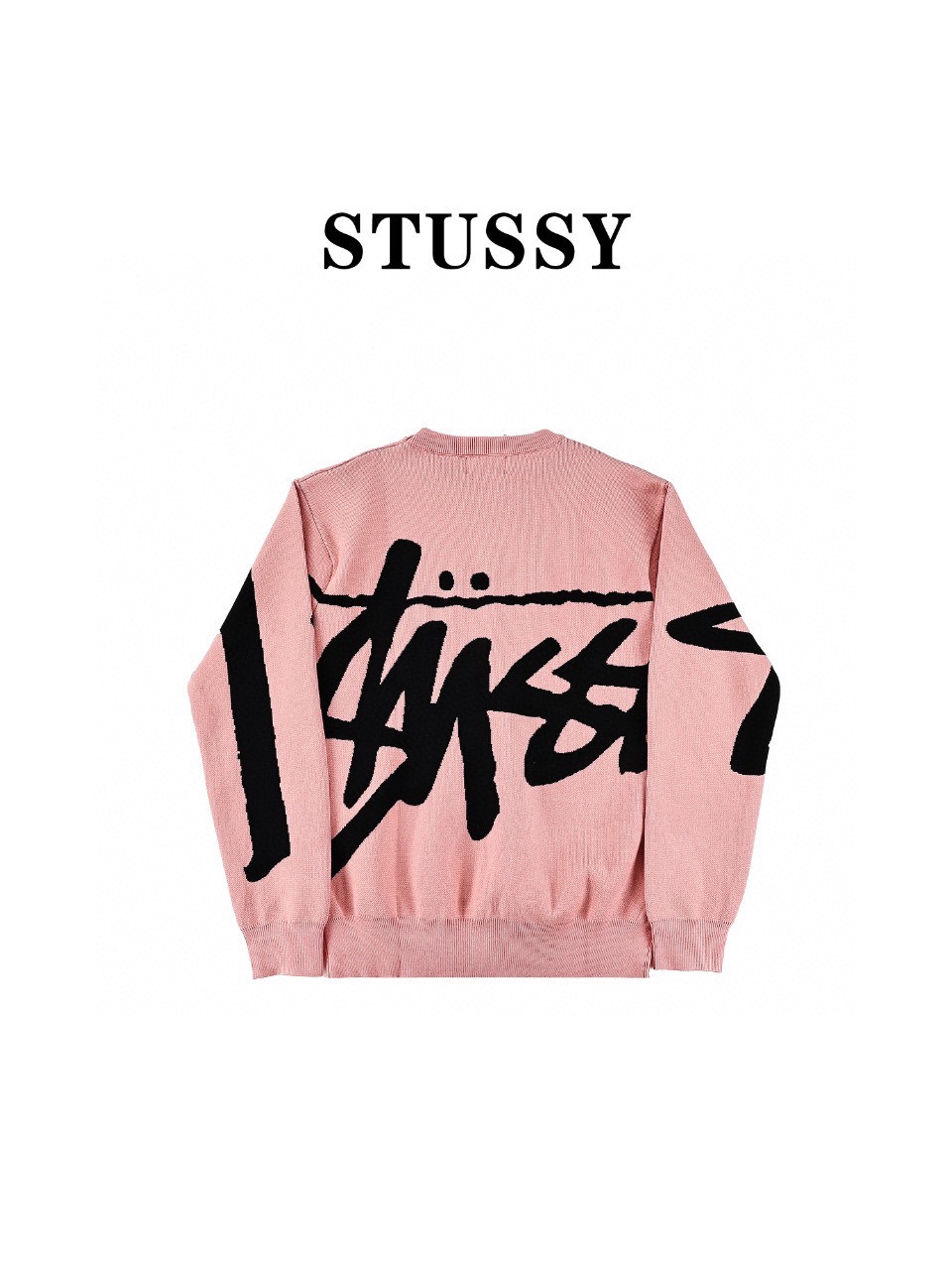 Stussy斯图西 SS24秋冬正反面满身大LOGO字母图案提花针织圆领毛衣黑色