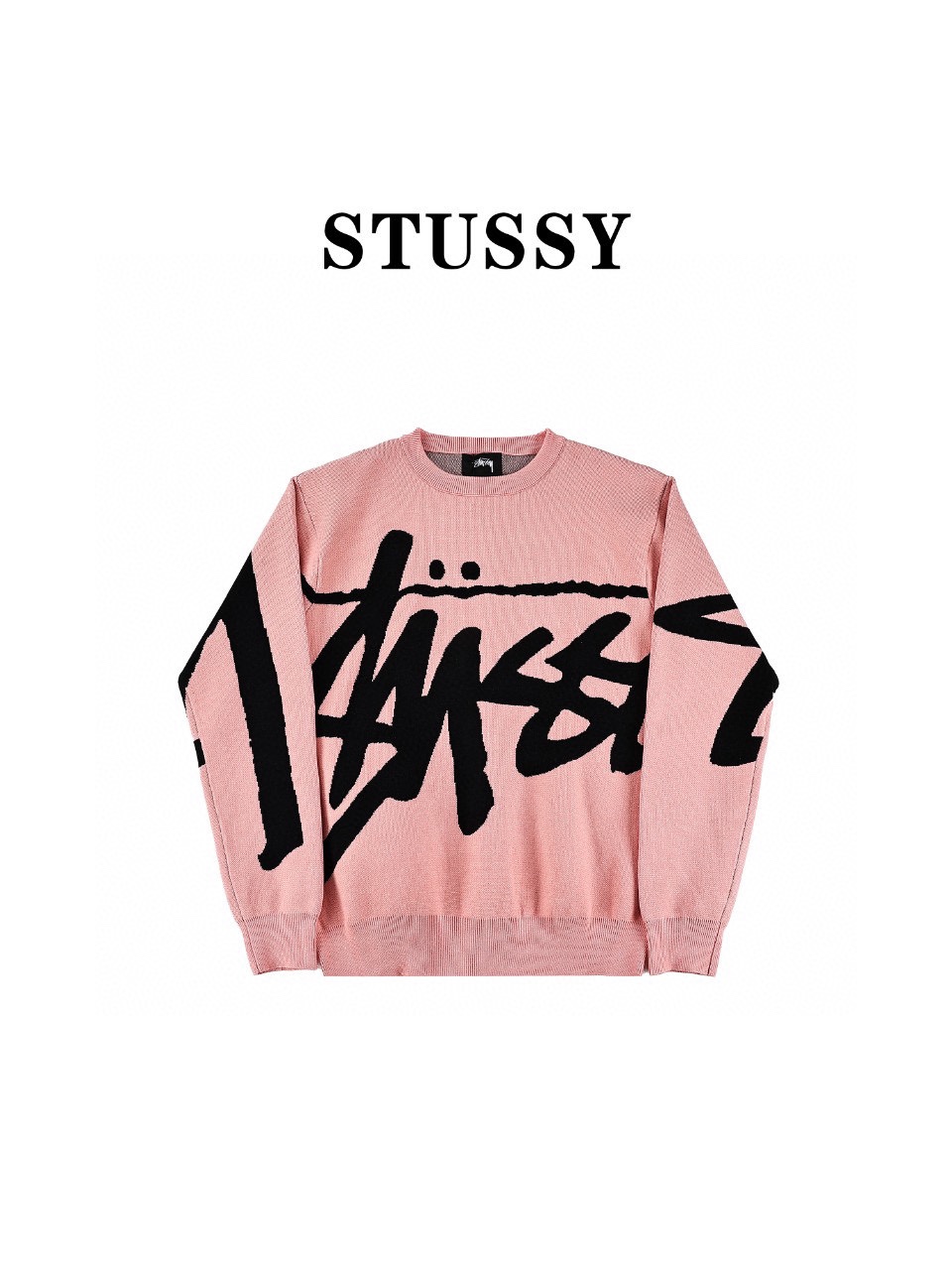 Stussy斯图西 SS24秋冬正反面满身大LOGO字母图案提花针织圆领毛衣黑色